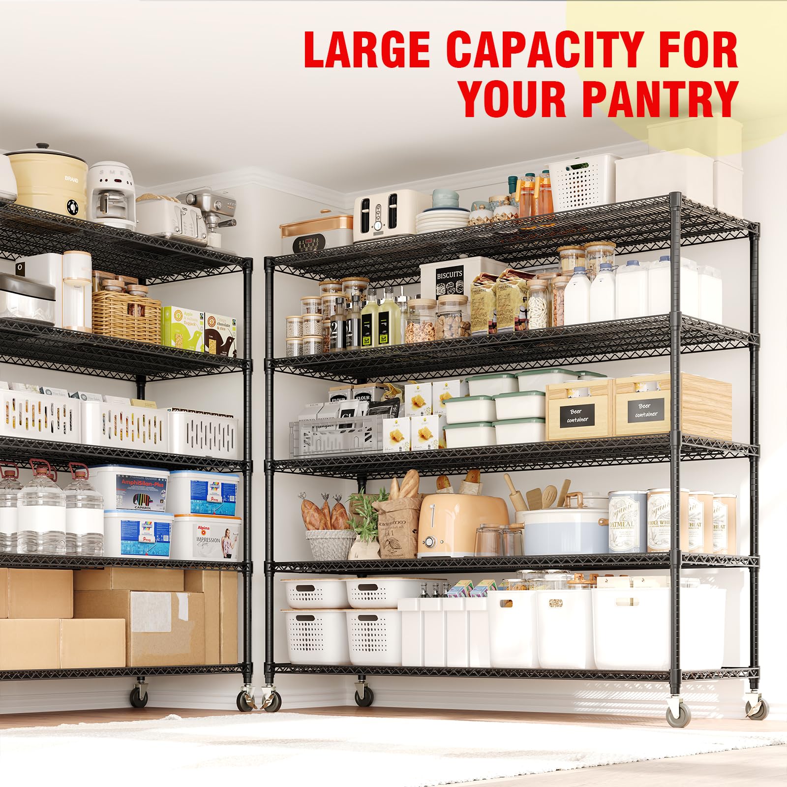 Scaffalatura metallica per carichi pesanti Garvee, 5 ripiani, capacità di carico 3300 libbre, altezza regolabile, acciaio, ruote e piedini fissi per garage e magazzino, grande, colore acciaio