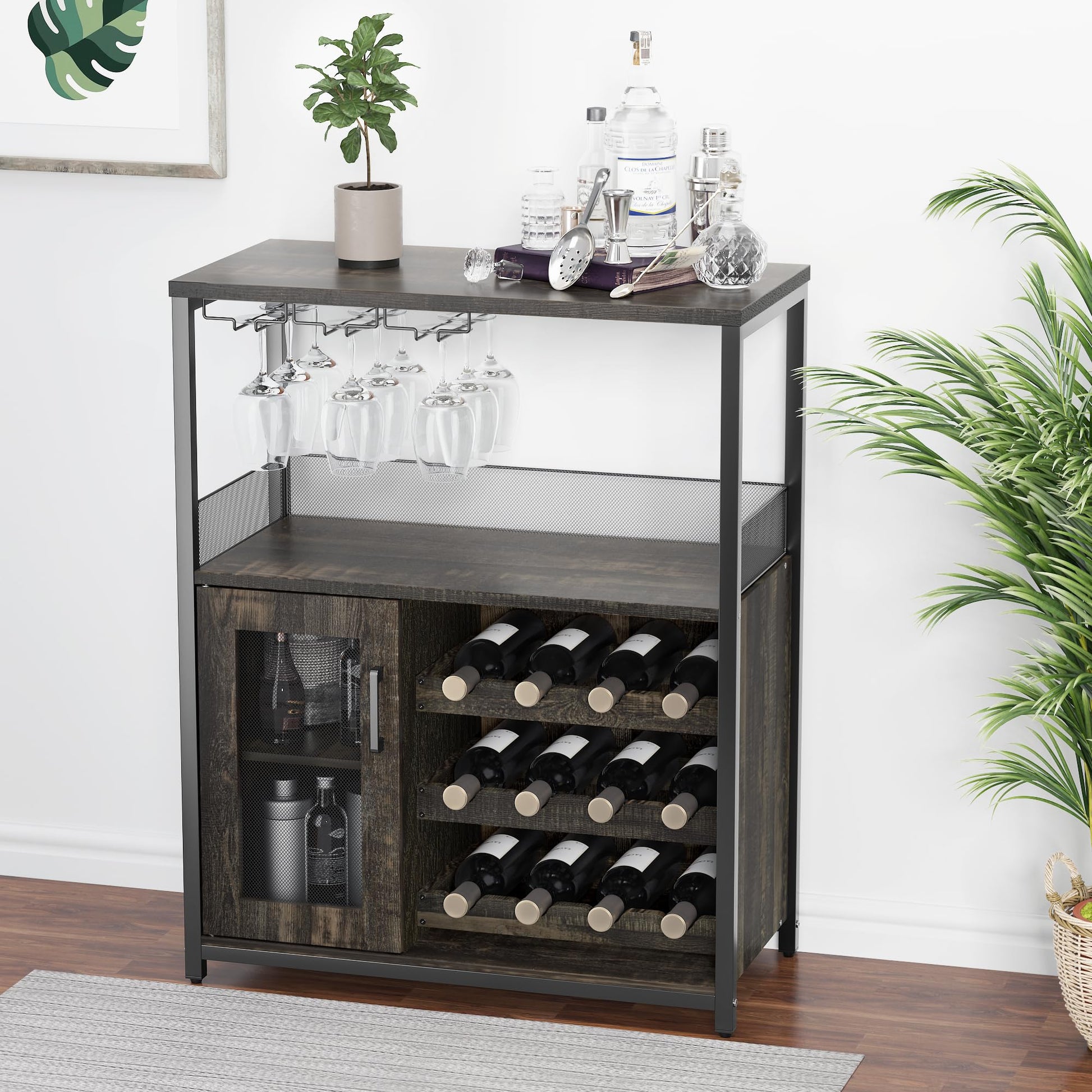 Mobile bar per vino Garvee a 3 ripiani con portabottiglie rimovibile, portabicchieri per cucina e soggiorno, 27,2"L x 13,8"P x 36,2"A, MDF e ferro
