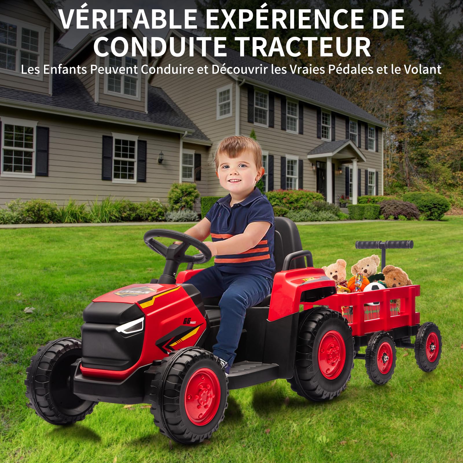 Trattore elettrico per bambini Garvee 12V con rimorchio staccabile, telecomando, doppi motori, fari a LED per giardino e cortile, 6 pneumatici, multicolore