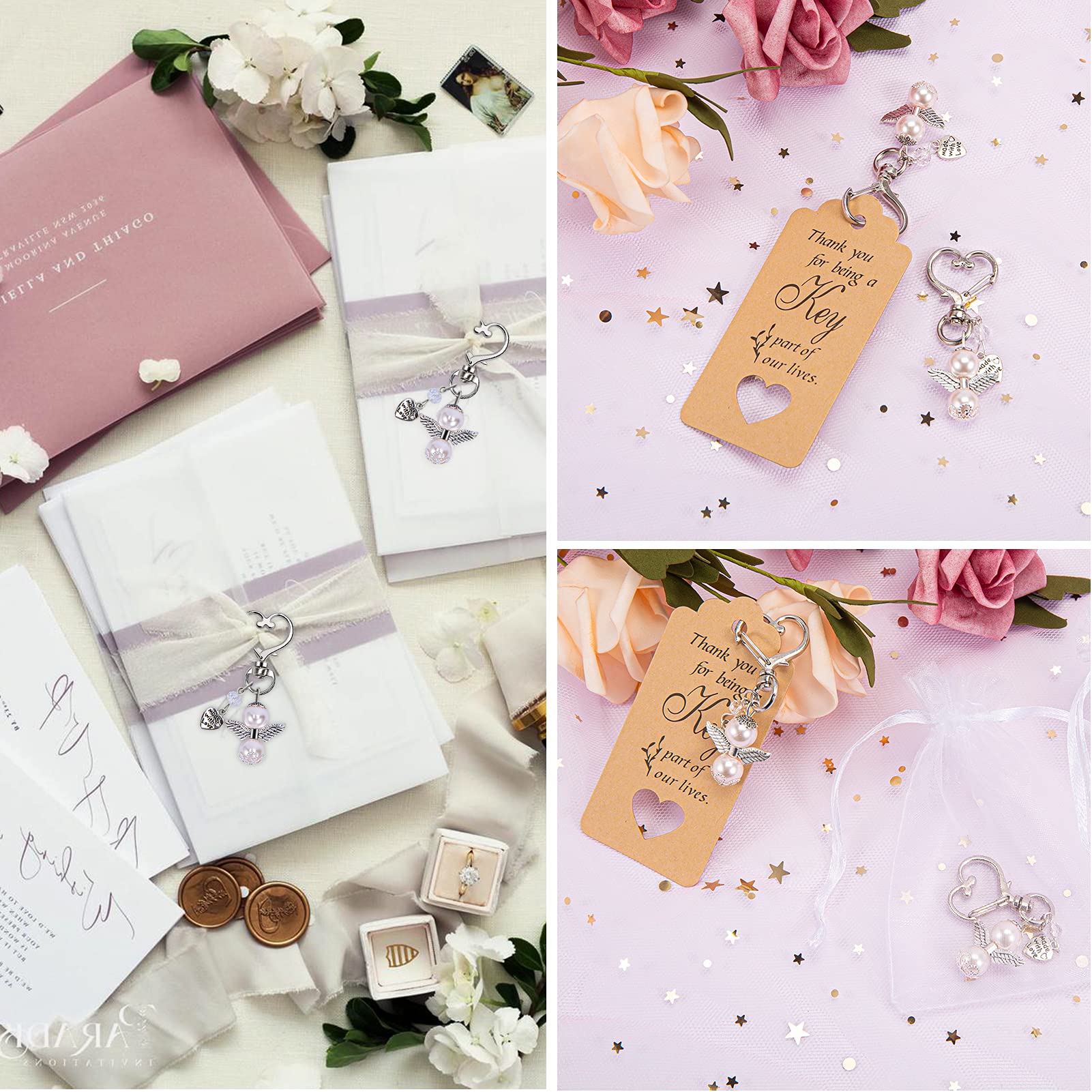 Garvee Lotto 20 Portachiavi Angelo Custode con Perline - Regali Matrimonio e Battesimo - Lega di Zinco Resistente - Rosa Chiaro - Borsa Organza - Feste e Natale