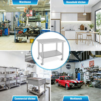 Tavolo da lavoro in acciaio inox Garvee 36x24x35" con ripiano inferiore regolabile e ruote per cucina e ristorante, robusto, facile da pulire