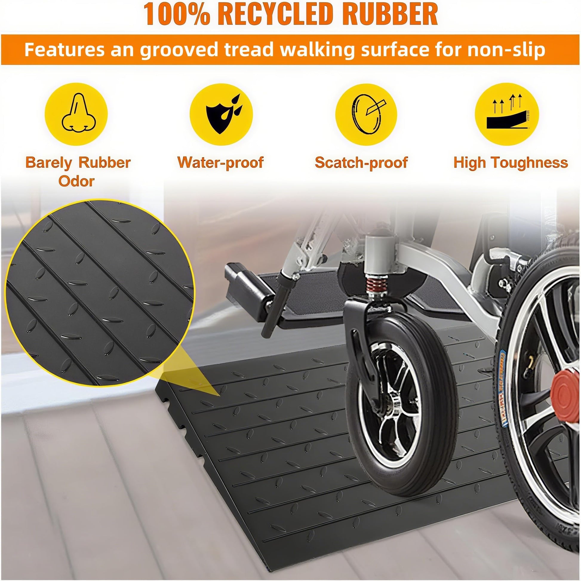 Rampa di transizione per soglia Garvee da 3" con capacità di carico di 2500 libbre, in gomma antiscivolo, per sedia a rotelle e scooter, approvata universalmente, nera