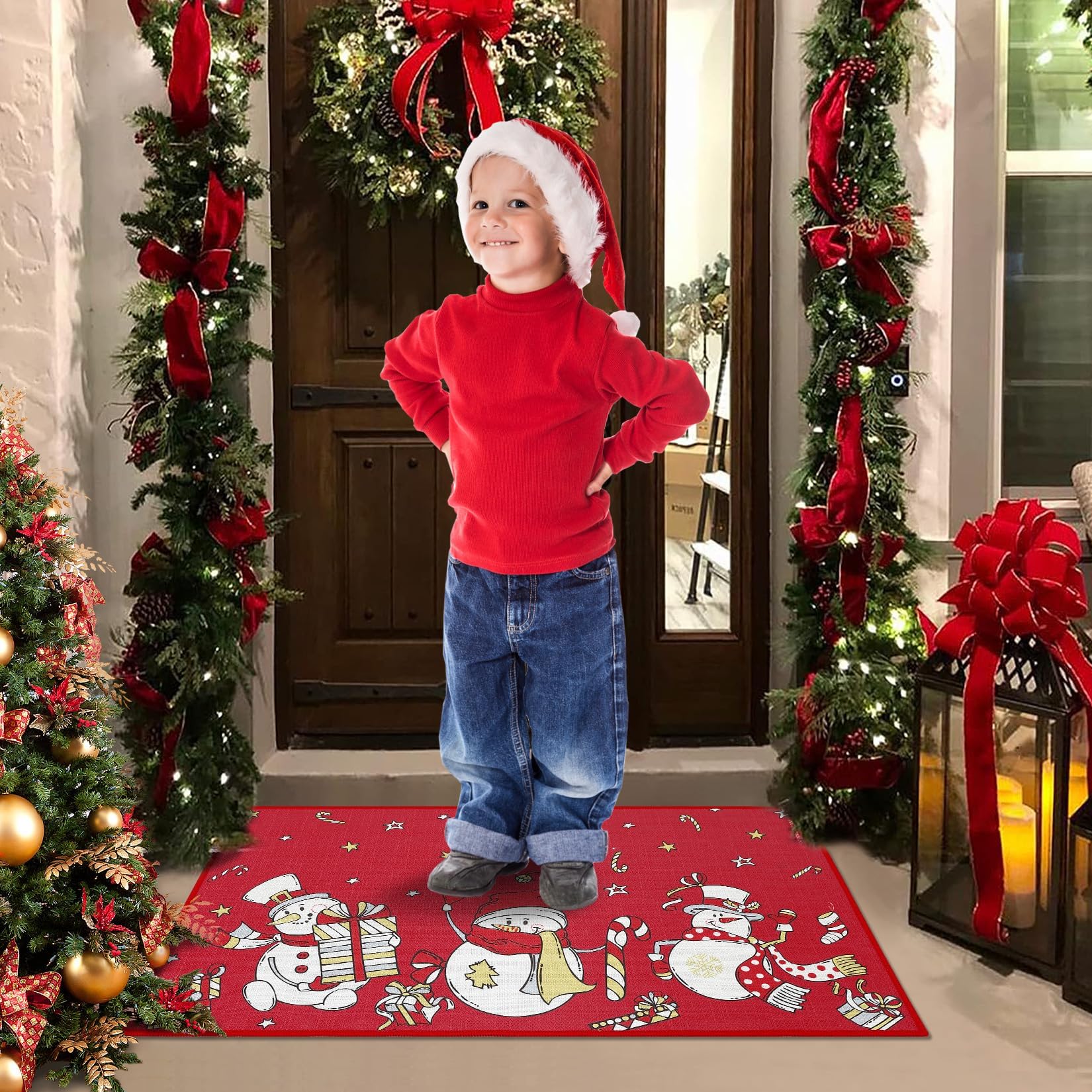 Garvee Zerbino Natalizio con pupazzo di neve e fiocco di neve, supporto in silicone antiscivolo, resistente alle intemperie, 50x80 cm, per uso interno ed esterno