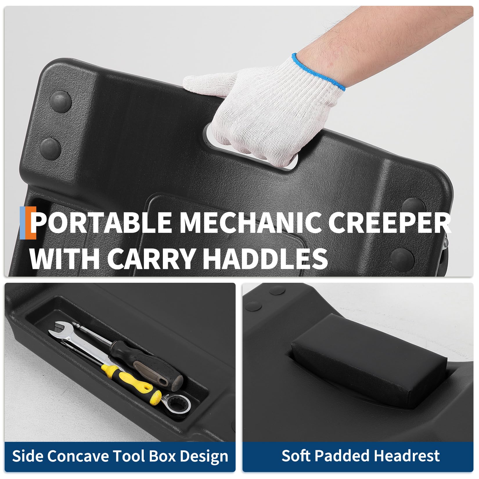 Carrello cingolato per officina in plastica Garvee da 40" con capacità di carico di 350 libbre, ergonomico, HDPE, poggiatesta imbottito, 6 ruote girevoli, profilo basso, riparazione auto, nero