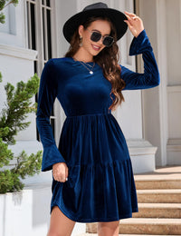 Garvee - Elegante abito invernale in velluto da donna, manica lunga, scollo rotondo, mini abito con volant, blu scuro, XL