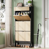 Scarpiera Garvee con 3 ante a battente e 1 cassetto per corridoio e ingresso, grande, in legno e ferro, design sottile - Nero + Rovere