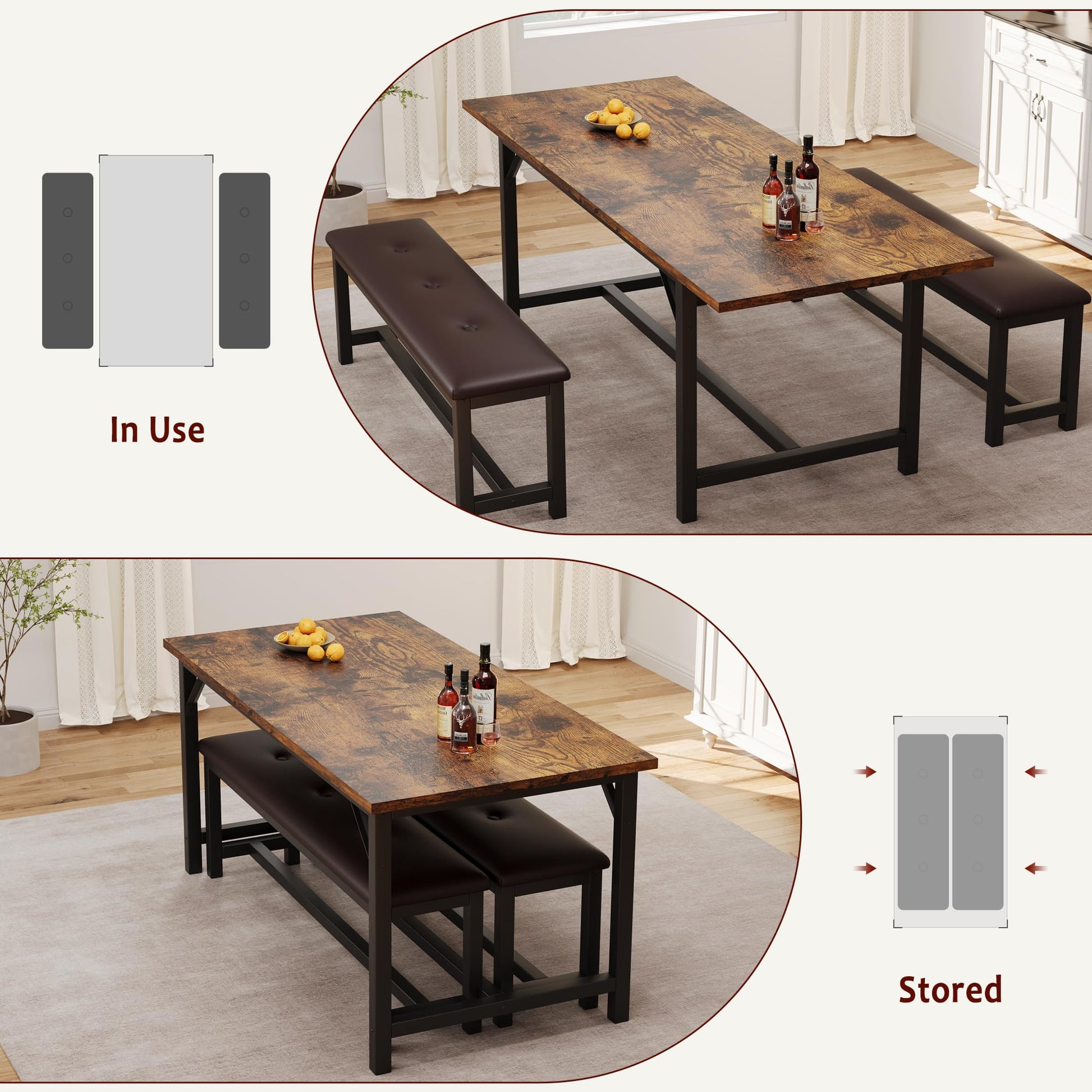 Tavolo da pranzo estensibile Garvee per 4-6 persone con protezioni angolari e panche imbottite, legno MDF, robusta base a H, salvaspazio, ideale per stanze piccole, nero