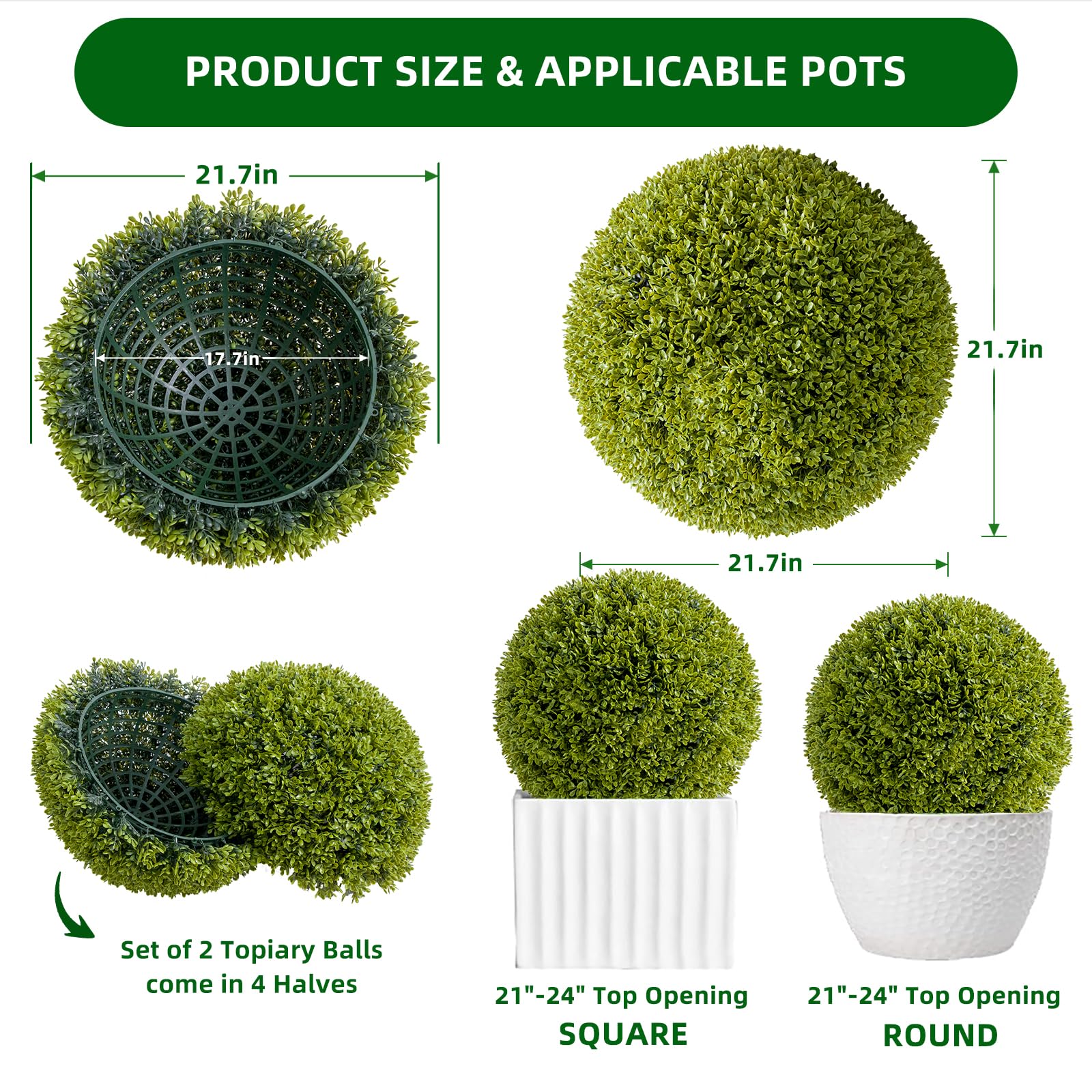 Set di palline di Garvee artificiale da 21,7 pollici, resistenti ai raggi UV, uso manuale, materiale PE, per uso interno ed esterno, verde, con tutti i