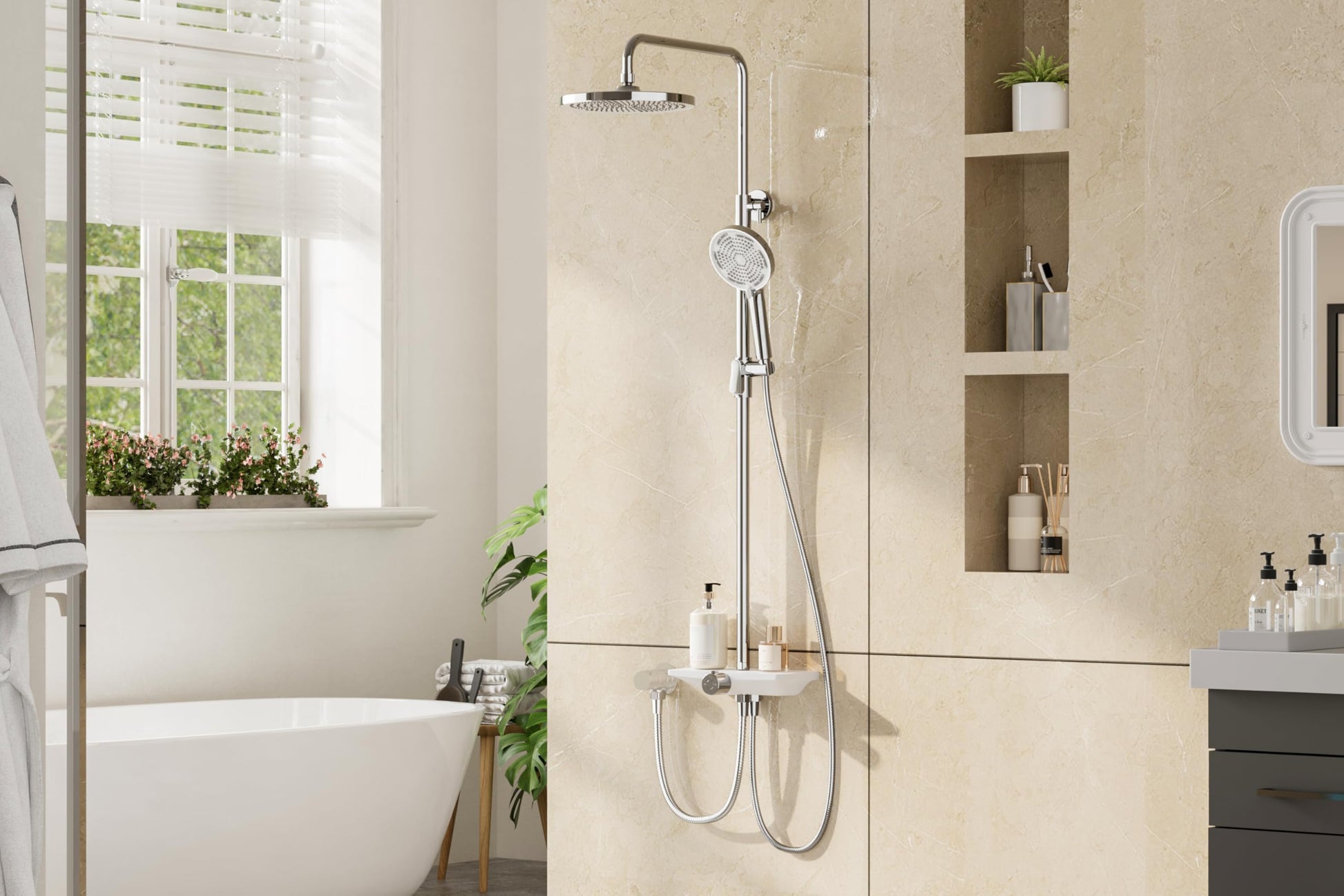 GARVEE Doccia a pioggia senza rubinetto con mensola, sistema doccia regolabile in acciaio inox per doccia, 25 cm rotondo cromato