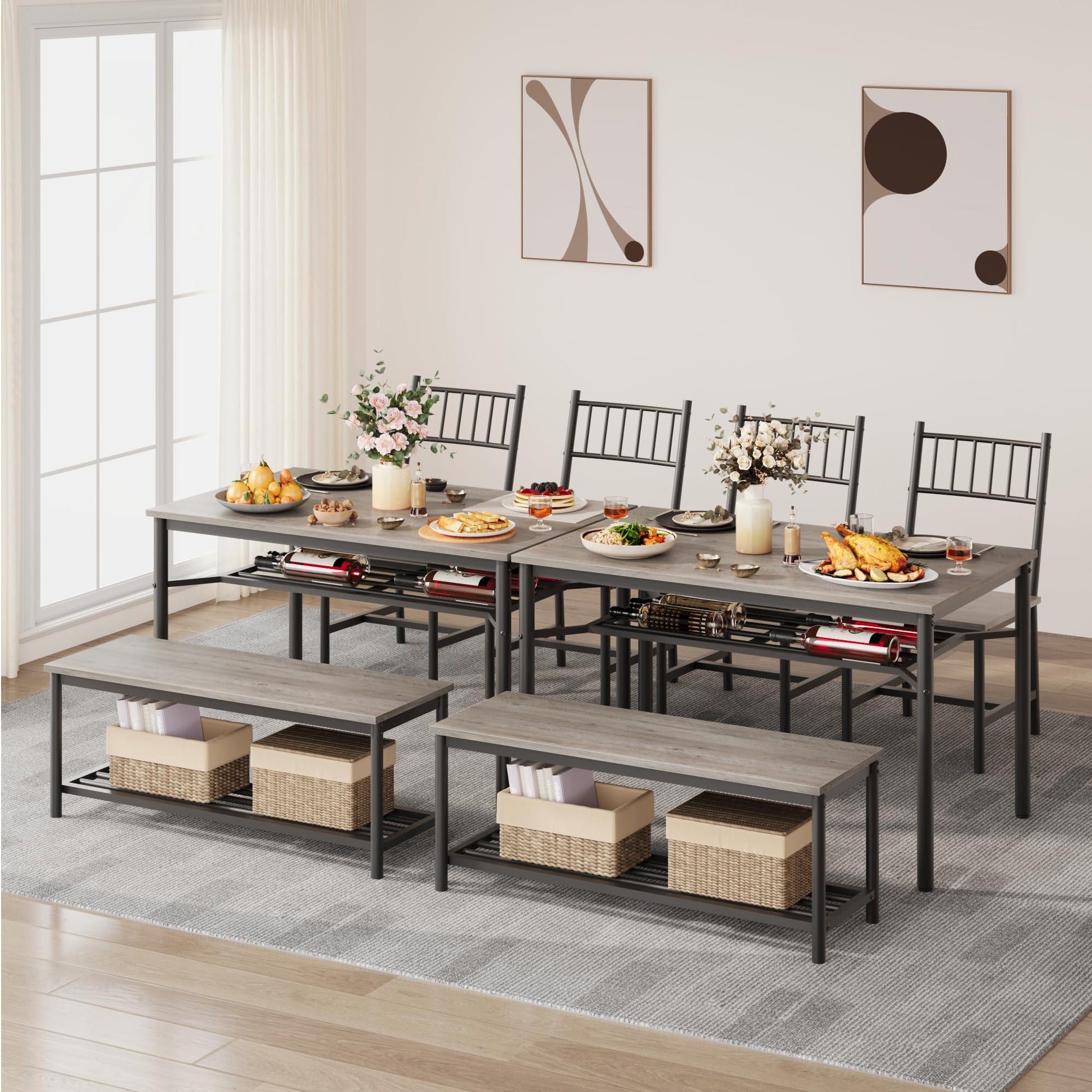 Set da pranzo Garvee per 4 persone con portabottiglie, grigio retrò, MDF e acciaio, sedie e panca robuste e salvaspazio, ideale per piccoli spazi