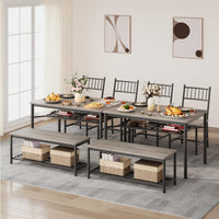 Set da pranzo Garvee per 4 persone con portabottiglie, grigio retrò, MDF e acciaio, sedie e panca robuste e salvaspazio, ideale per piccoli spazi