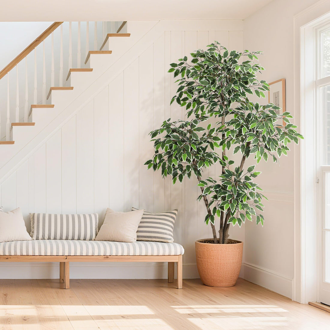 Garvee Ficus artificiale da 6 piedi con 4 tronchi, fioriera alta bianca per soggiorno ufficio, 70.8 pollici x 41.3 pollici