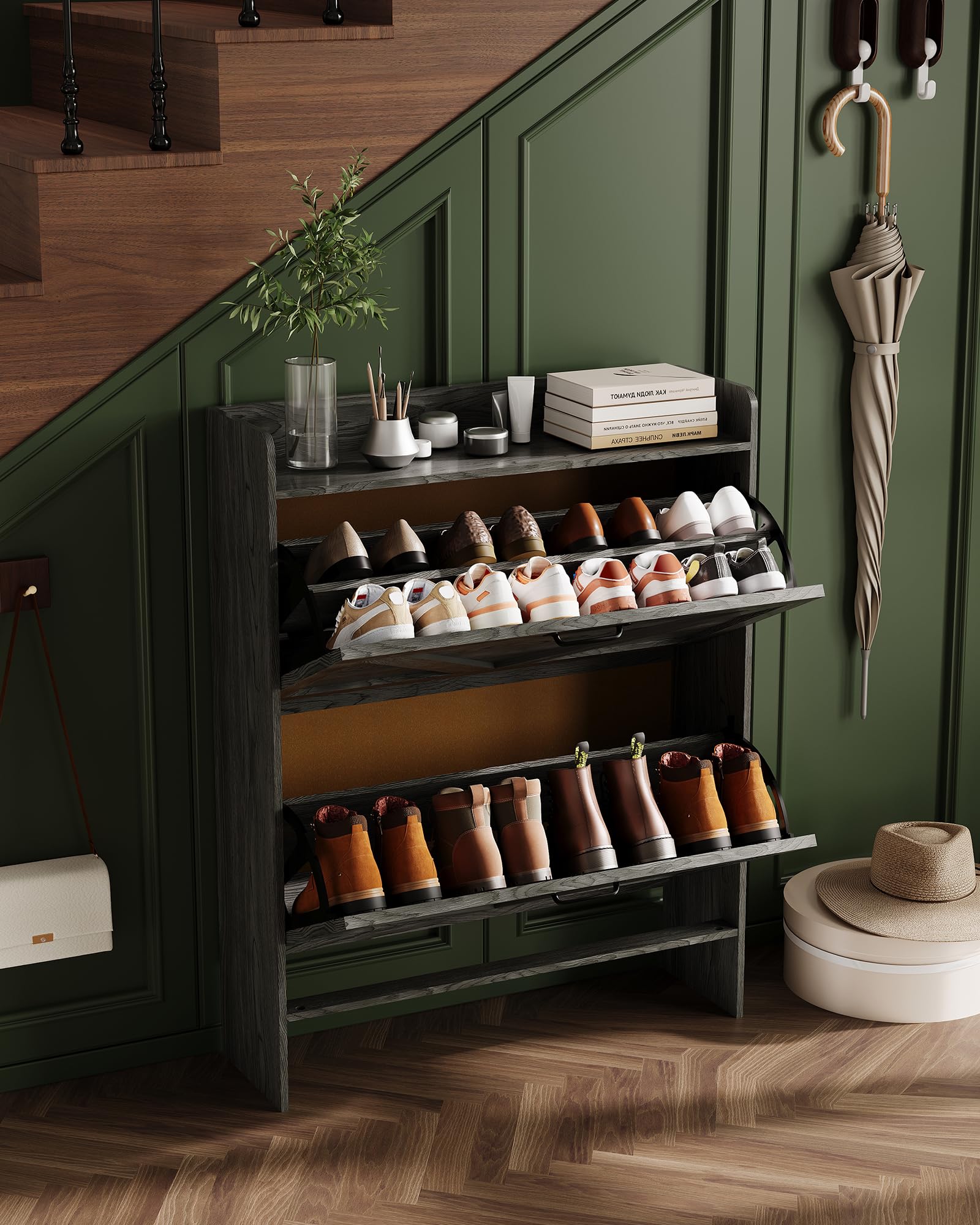 Garvee Scarpiera con 2 cassetti pieghevoli, marrone rustico, per corridoio e ingresso, salvaspazio, resistente, gambe in metallo