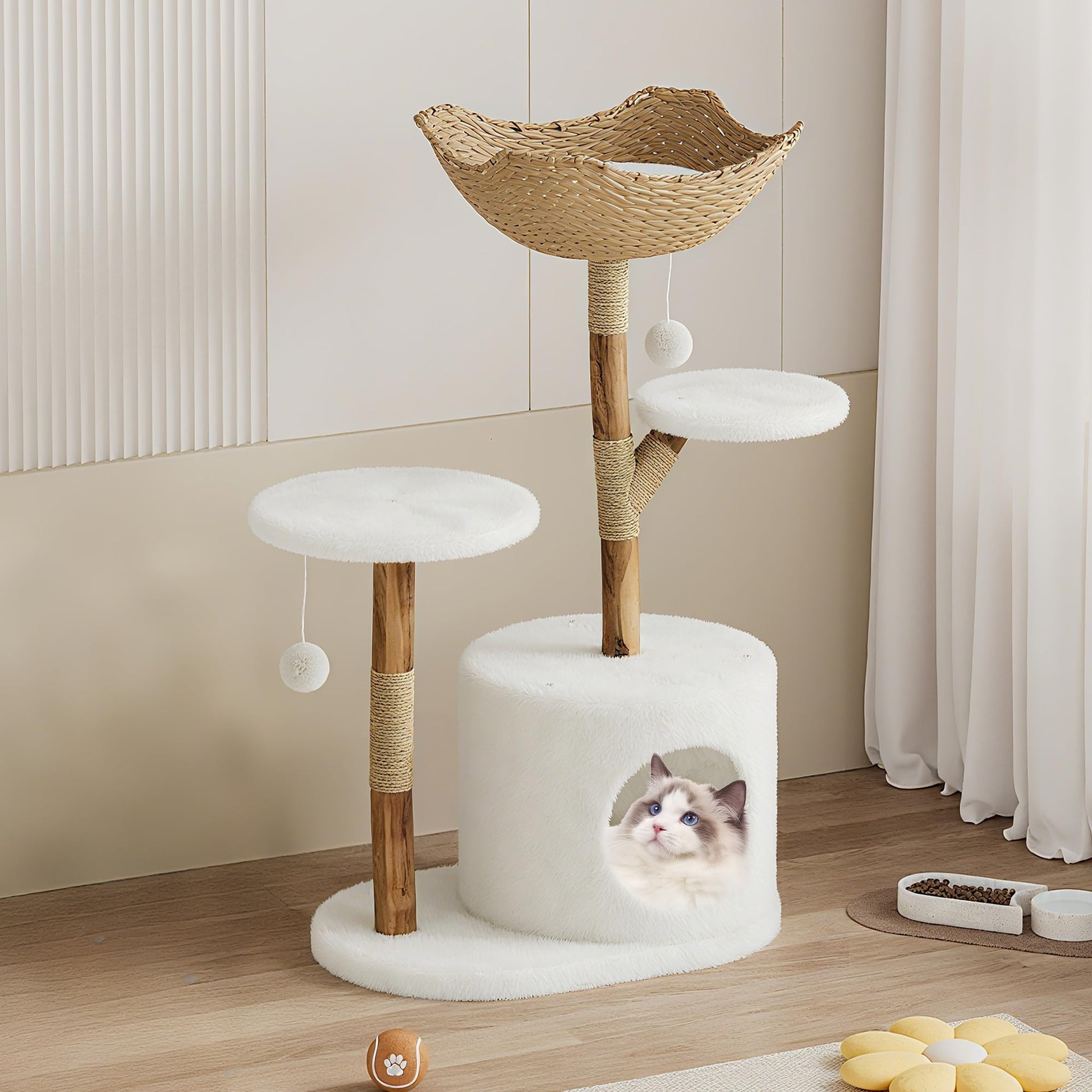 Tiragraffi in legno naturale Garvee da 43'' con cesto in rattan per soggiorno, stabile per gatti di grandi dimensioni, design moderno, morbido peluche