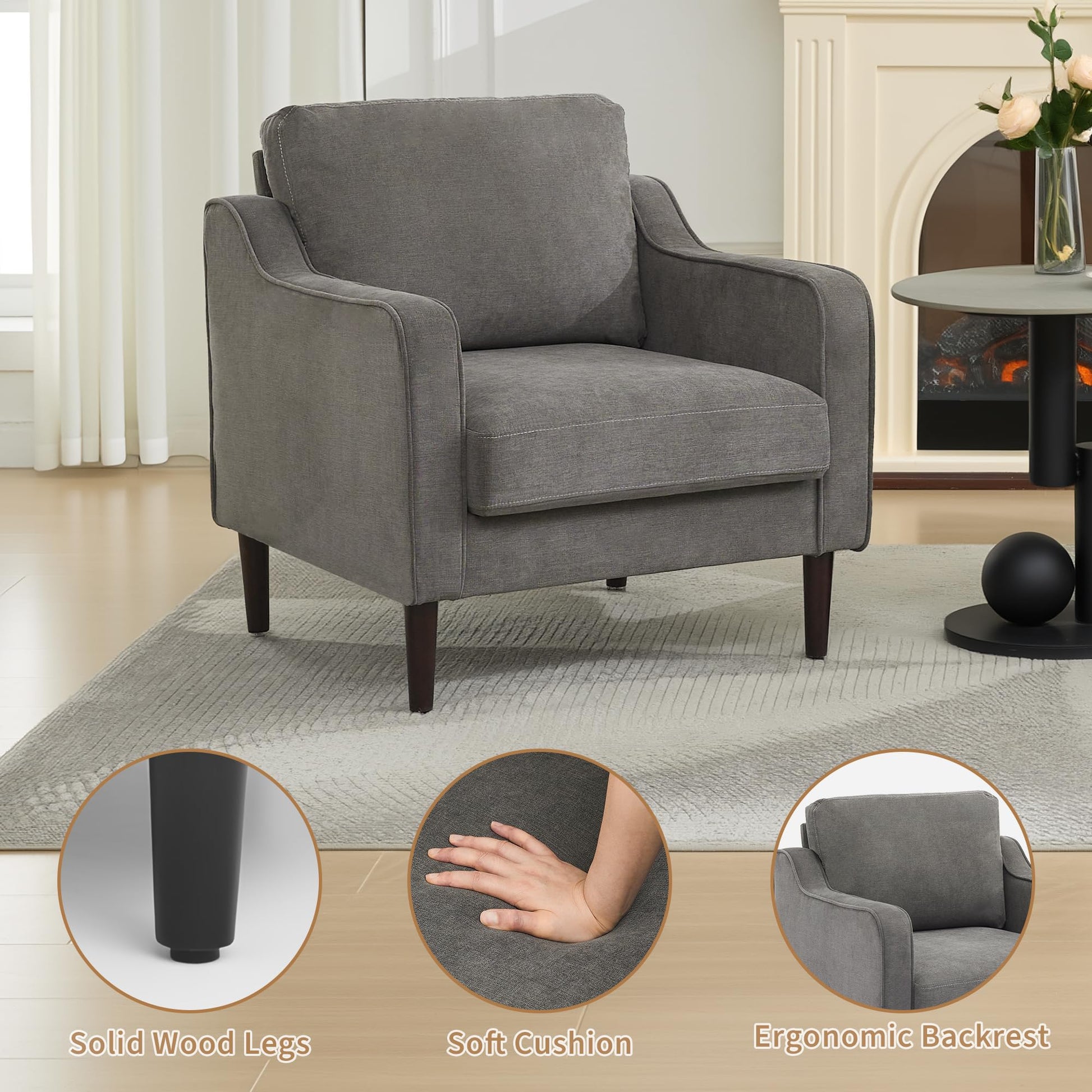 Poltrona Garvee Mid-Century con tessuto di lino e gambe in legno per soggiorno e ufficio, 30"L x 32"A, beige