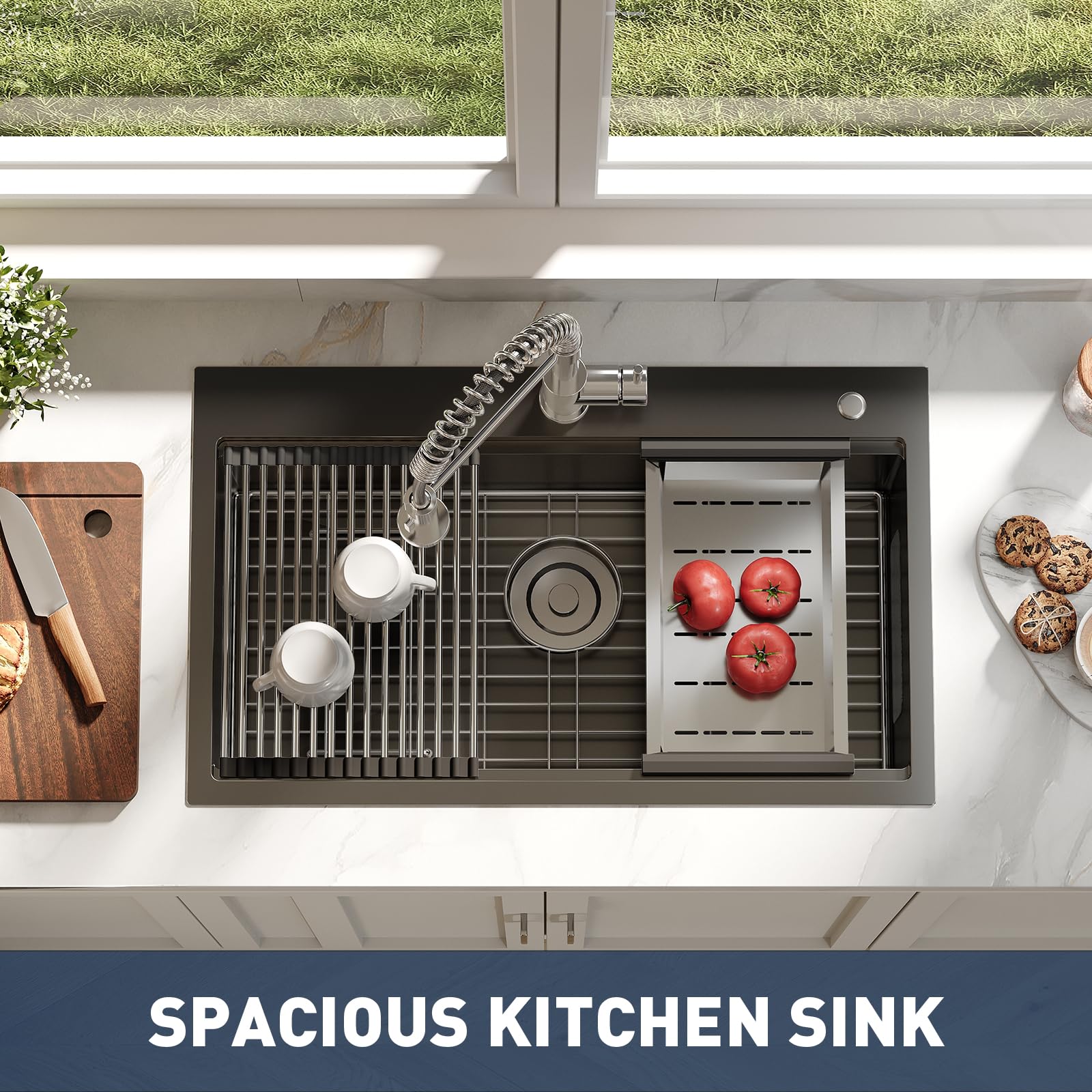 Lavello Garvee in acciaio inox con 1 vasca e rubinetto estraibile – 75 x 46 x 23 cm, pratico lavello per la tua cucina