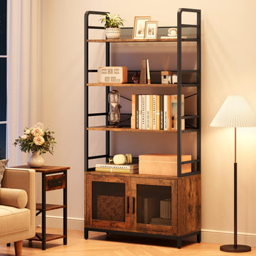 Libreria industriale Garvee con ante, 4 ripiani, struttura in metallo, legno MDF, mobiletto in rete per soggiorno e ufficio, 70,87"x31,5"x12", rustico