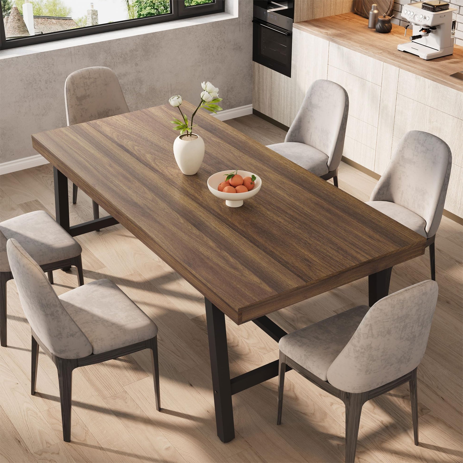Tavolo da pranzo in legno industriale Garvee per 6-8 persone con robusta struttura in metallo, gambe regolabili, finitura marrone rustico da 70,87".