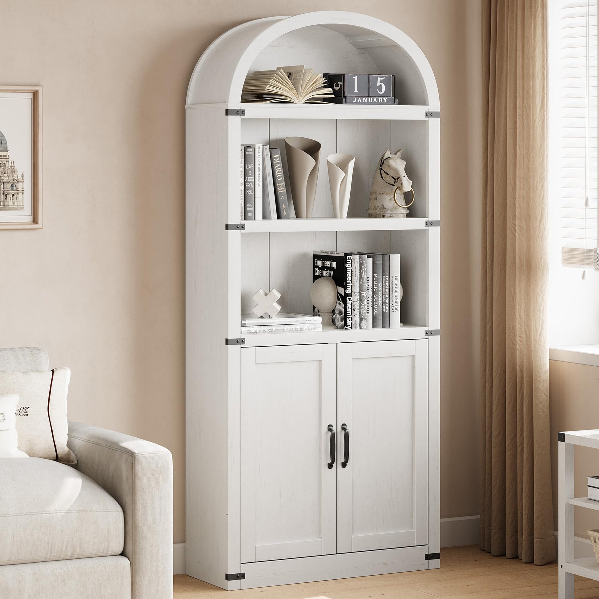 Libreria Garvee con ante, stile rustico, in legno MDF, protezioni angolari in metallo per soggiorno e studio, altezza 71,65", colori legno naturale