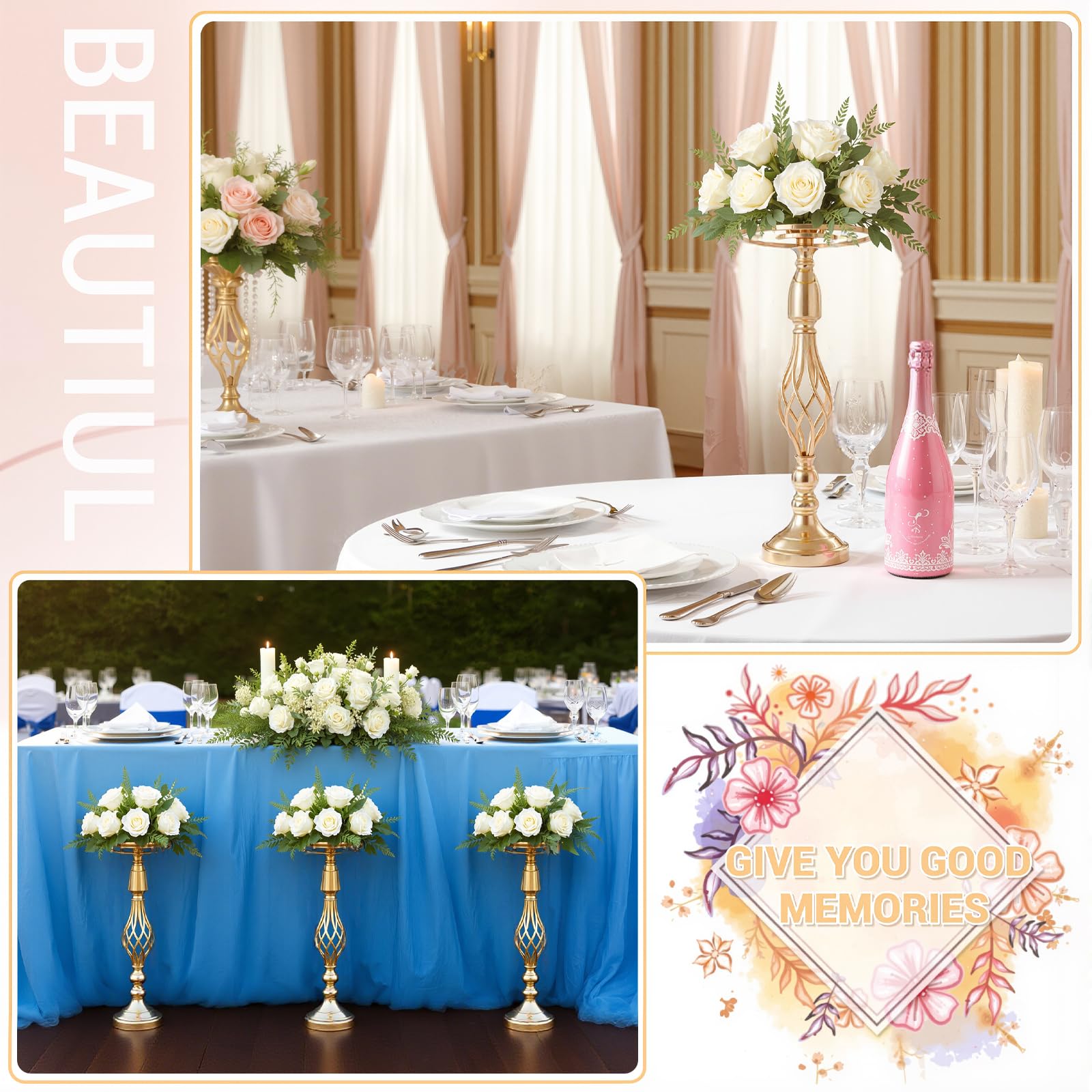 Portafiori in metallo Garvee, set da 10, decorazione per tavolo da matrimonio, eleganti design rotanti, metallo e cristallo, antiruggine, per feste e casa, 52 cm, argento