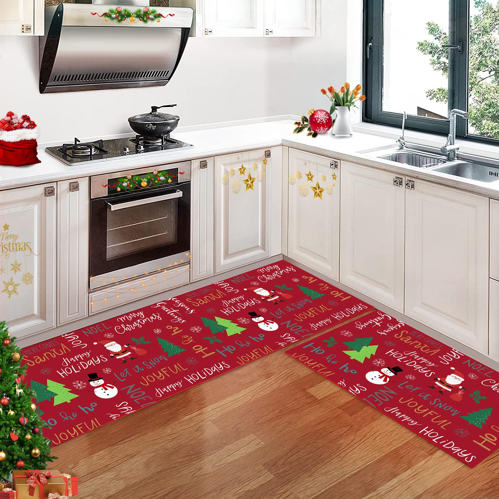 Garvee Tappeto da cucina natalizio Set 2 pezzi antiscivolo per la decorazione della casa 40x60 + 40x120 cm Rosso festivo