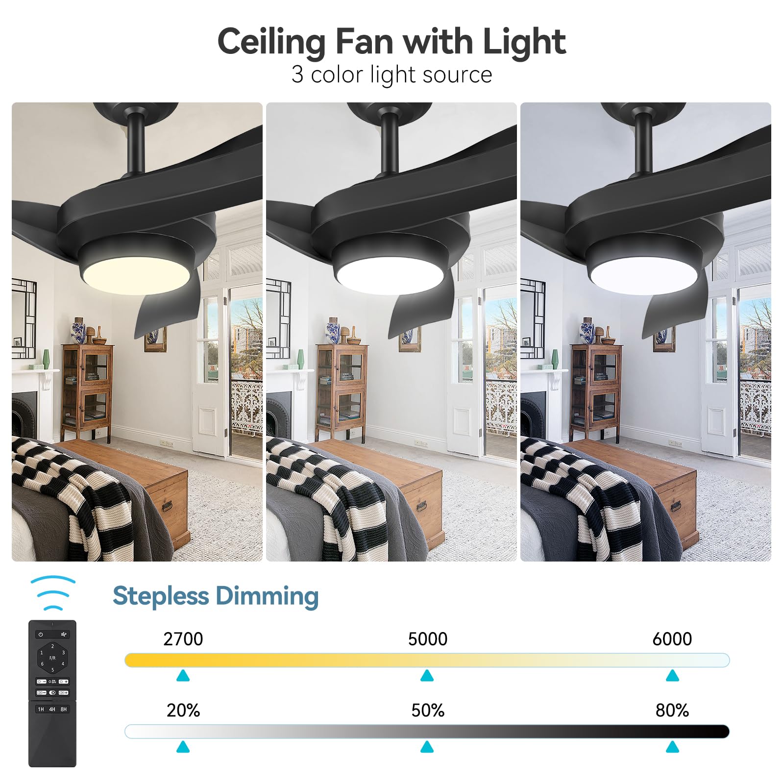 Ventilatori da soffitto GARVEE con luce, ventilatore da soffitto da 132 cm con 6 velocità e 2 aste, telecomando LED dimmerabile, ventilatore da soffitto moderno silenzioso reversibile CC per uso interno ed esterno