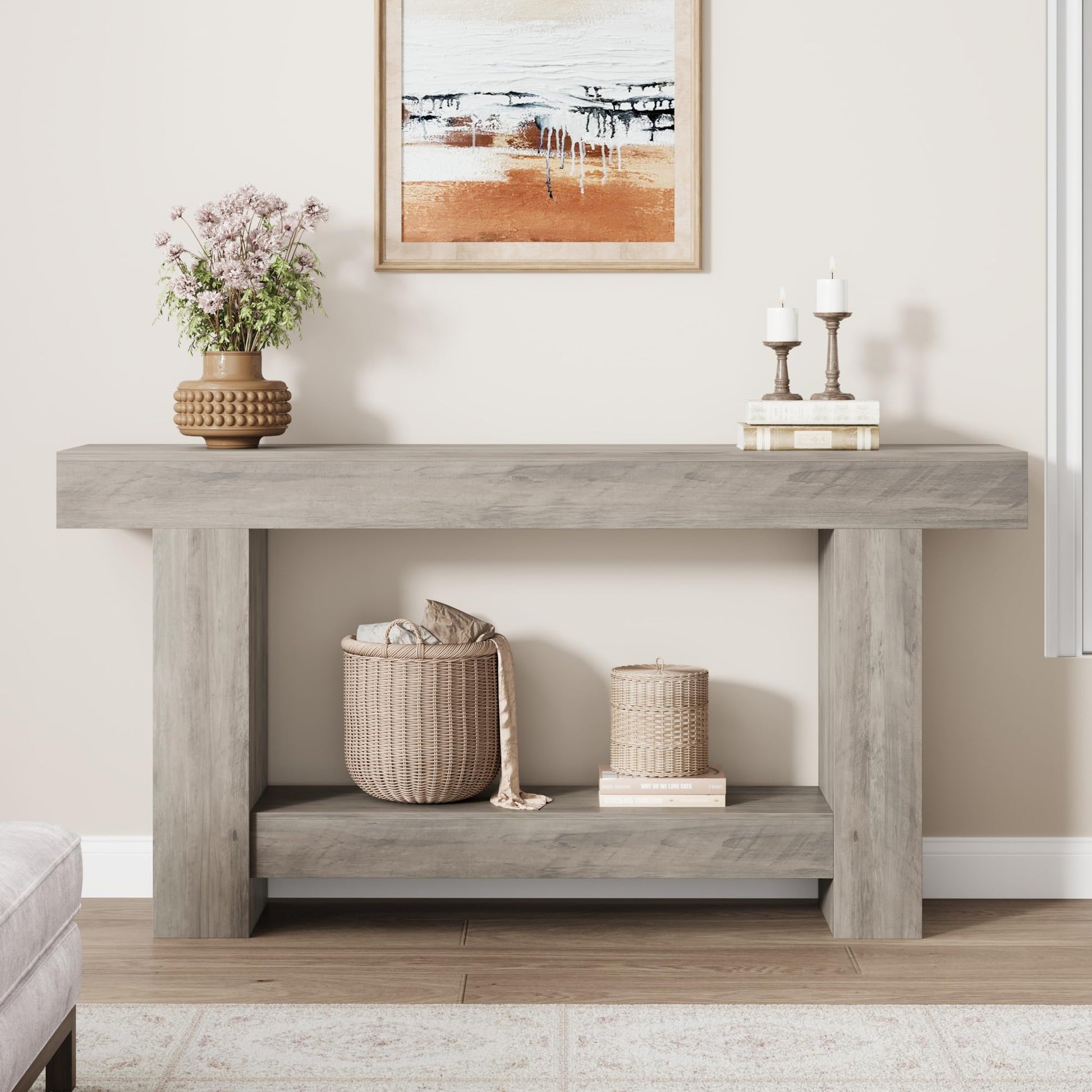 Tavolo consolle Garvee da 63" per corridoio, a 2 livelli, in legno robusto, stile rustico da fattoria, rettangolare, con spazio di archiviazione, soggiorno e ingresso, marrone