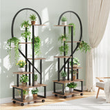 Garvee Set di 2 portavasi in metallo a 6 ripiani con ruote, design a mezzo cuore, ripiani in legno per giardino e balcone, mobile, robusto, 68 pollici, nero