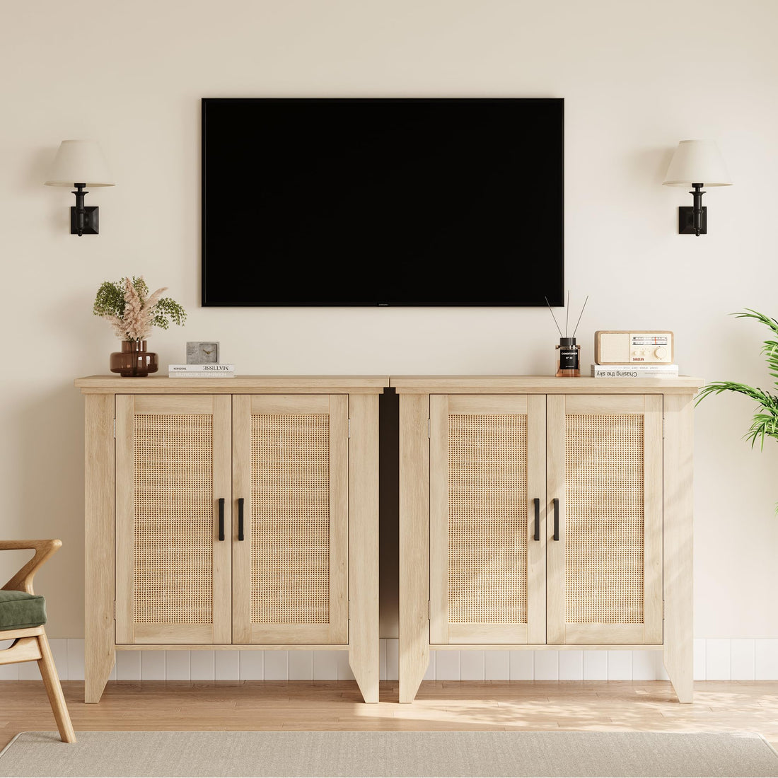 Mobiletto portaoggetti piccolo Garvee con ante e ripiani, credenza in rattan per soggiorno e cucina, 30"x15.8"x31.5", colore naturale