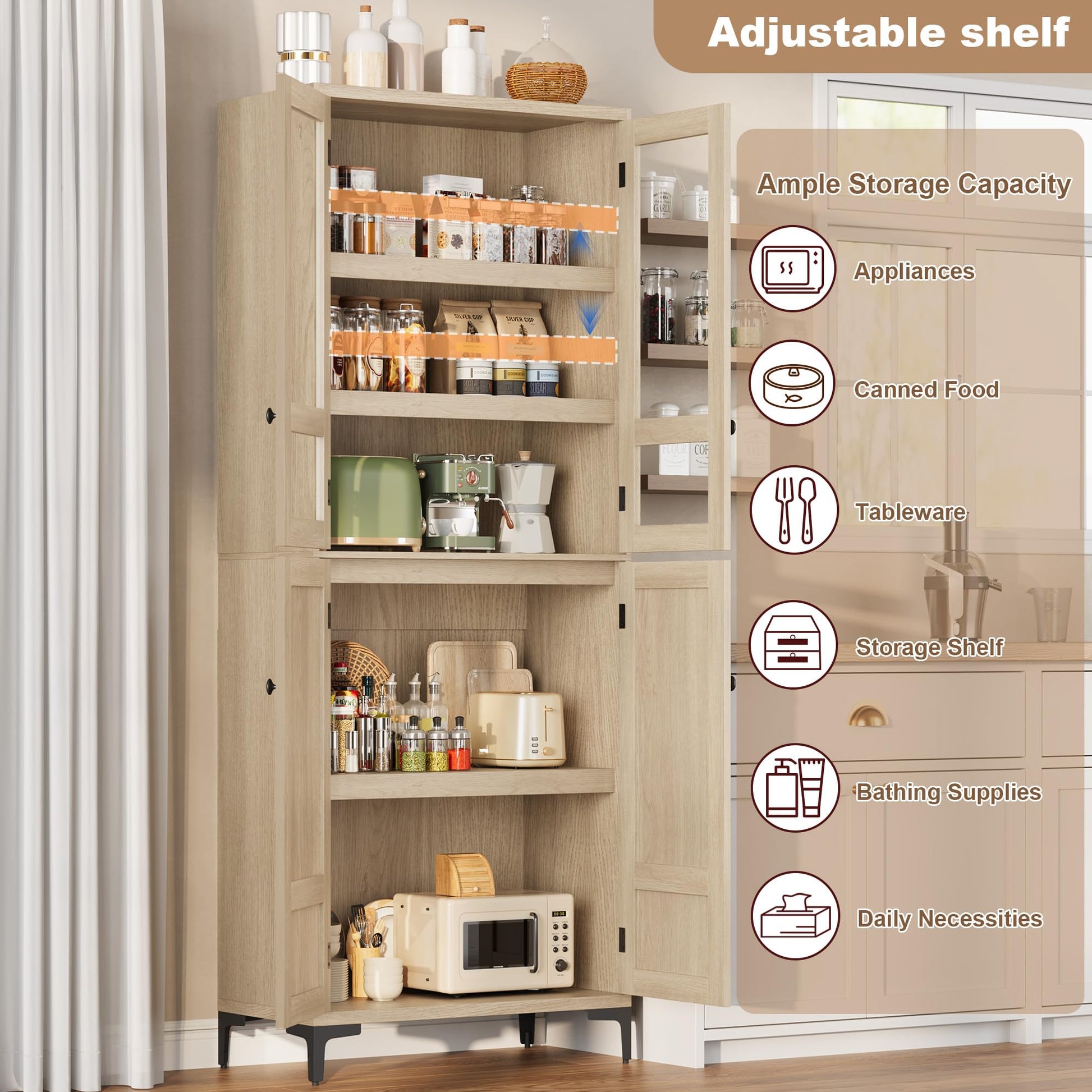 Mobile dispensa da cucina Garvee alto 71" con ante in vetro, 4 ante, 5 ripiani regolabili, legno di betulla, resistente, versatile, indipendente per cucina e bagno