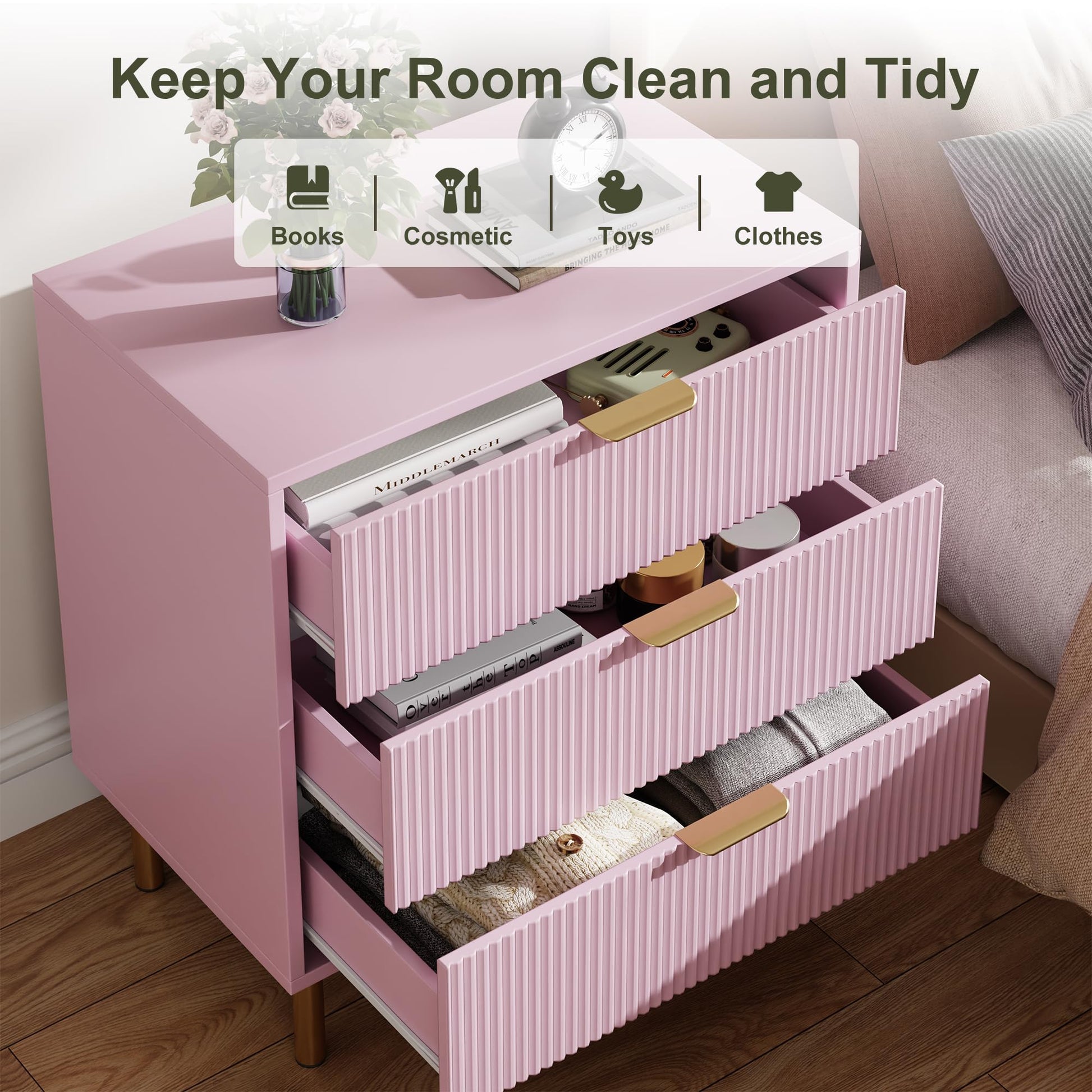Cassettiera Garvee Modern Pink a 3 cassetti con maniglie dorate per camera da letto e soggiorno, 28"x17"x30", legno MDF