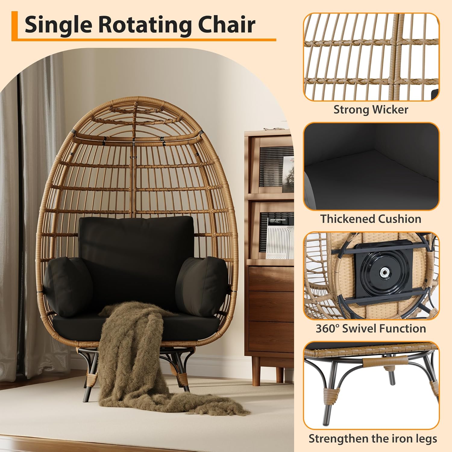 Garvee Sedia a Uovo Girevole 360° in Rattan PE Oversize con Cuscino Imbottito per Giardino e Balcone, 96x75.4x145.3 cm, Resistente all'Acqua e UV