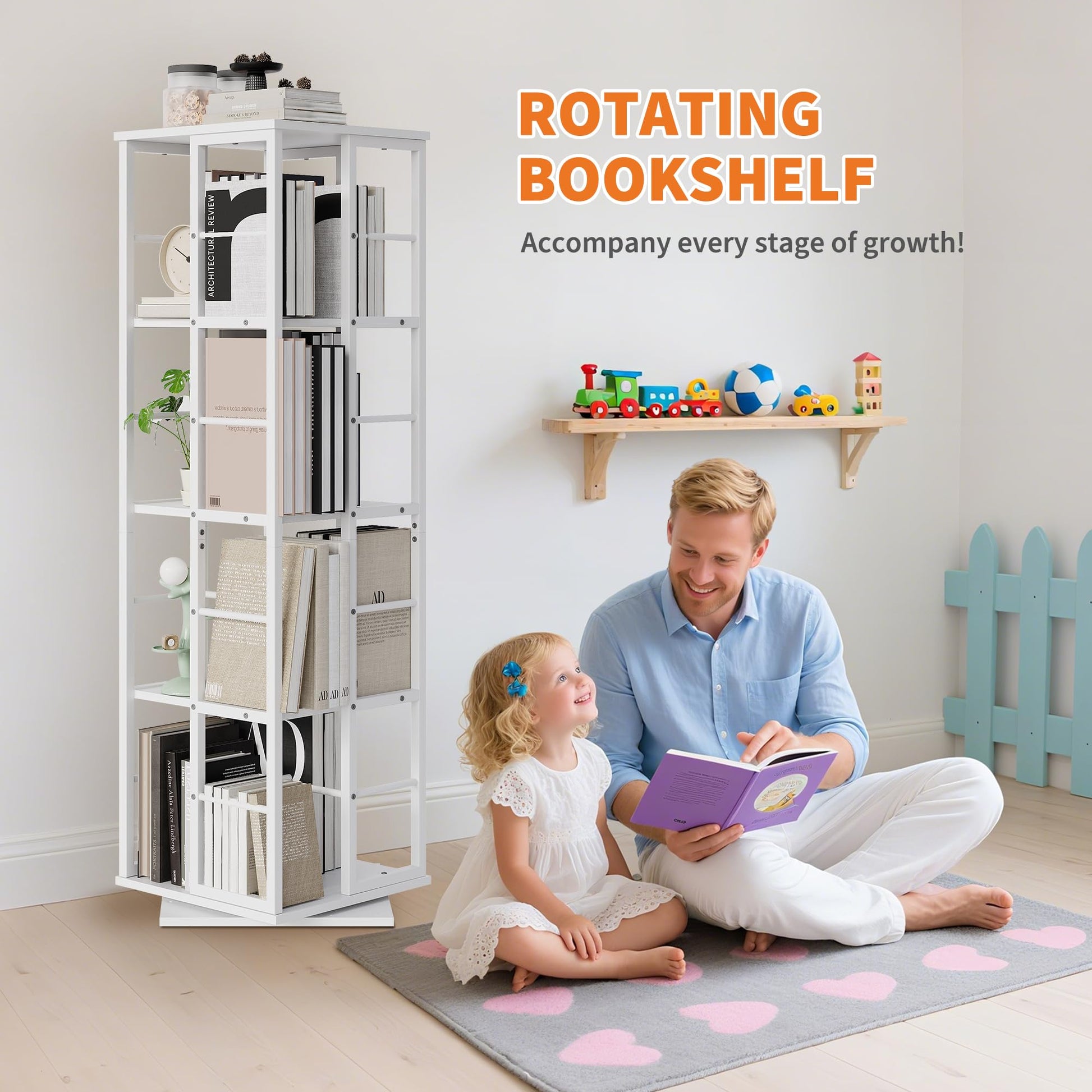 Libreria girevole Garvee, scaffale angolare a 4 ripiani, rotazione a 360°, struttura in metallo, legno, per soggiorno, ufficio, camera da letto, 54 pollici, marrone