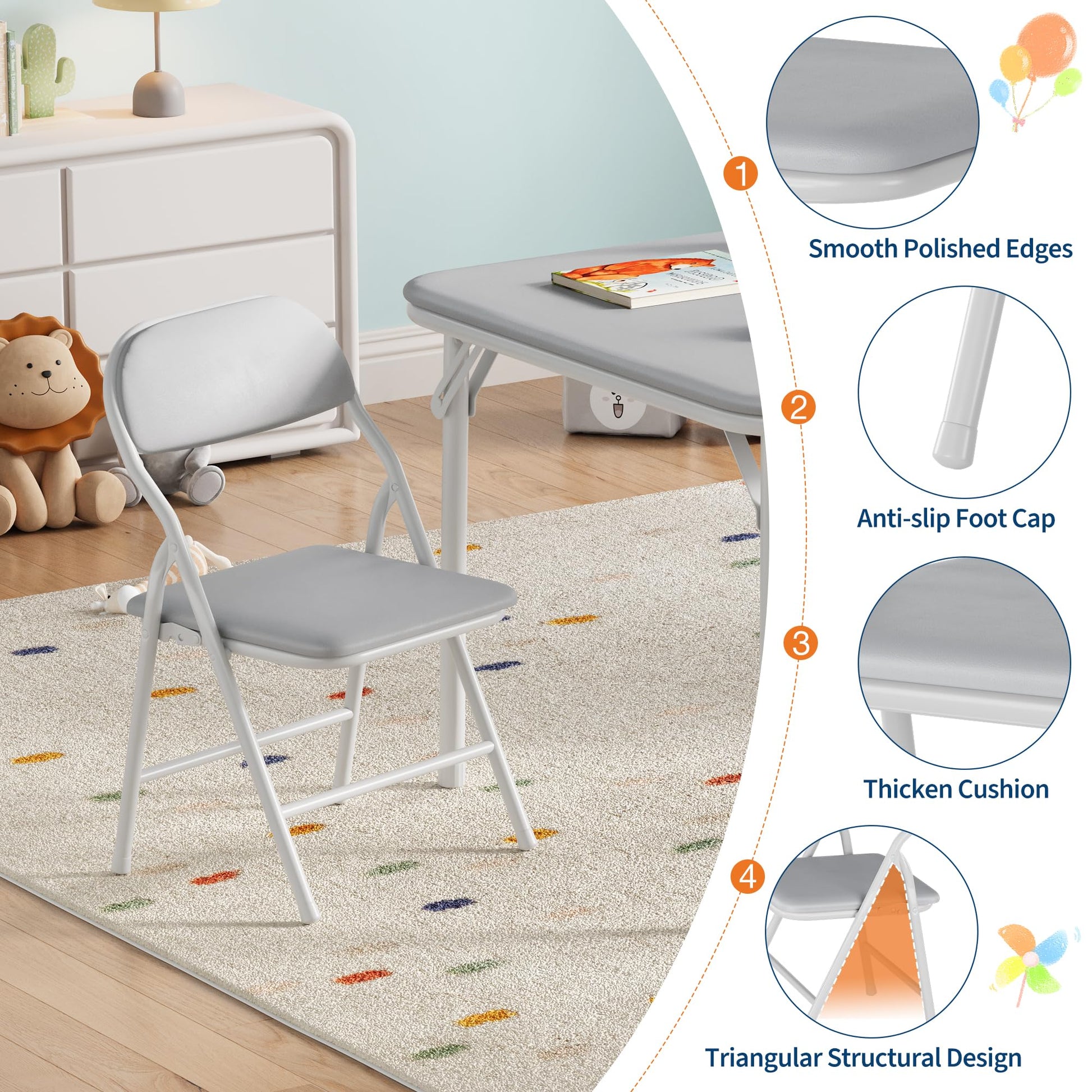 Garvee Set tavolo e sedie pieghevoli per bambini, 3 pezzi, pieghevole, in similpelle, struttura in metallo, leggero, per sala giochi e campeggio, multicolore