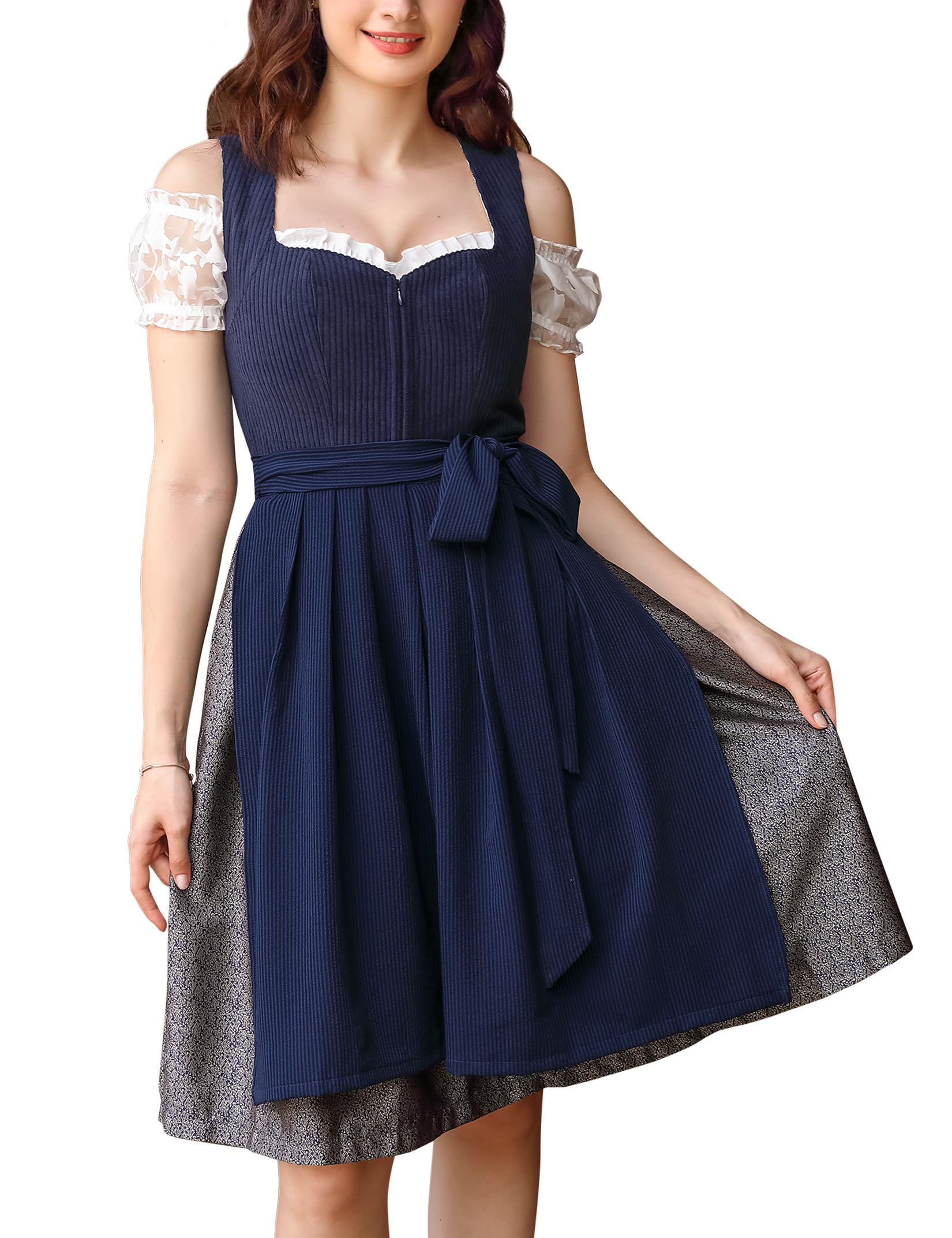Garvee - Set da 3 pezzi in Dirndl tradizionale midi da donna per Oktoberfest, Carnevale e Martedì Grasso, blu, taglia 36, tradizionale, elegante, di alta qualità