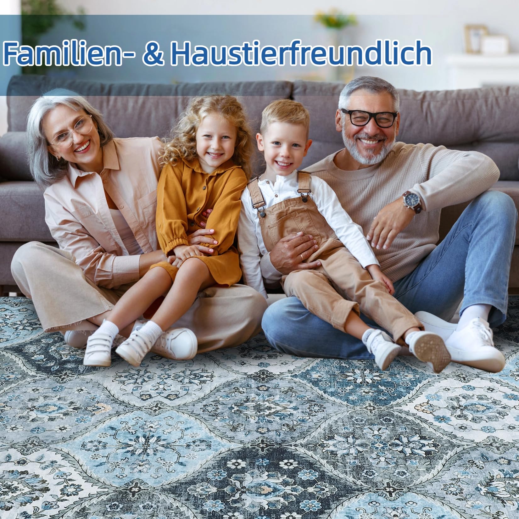 Tappeti vintage lavabili Garvee 160x230cm, pieghevoli, a pelo corto, per interni, grandi, per soggiorno, morbidi e antiscivolo, per ufficio, sala da pranzo, cameretta dei bambini, grigio e blu