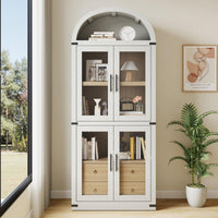 Libreria ad arco Garvee, stile fattoria, con ante e cassetti, per soggiorno e ufficio, alta 180 cm, in legno MDF, angoli in metallo, colore legno naturale.
