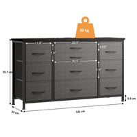 Cassettiera GARVEE con cassetti, credenza con 10 cassetti in tessuto e 3 prese di corrente, cassettiera per soggiorno, credenza per ingresso, mobile contenitore con rivestimento in tessuto, robusta struttura in metallo, piano in legno