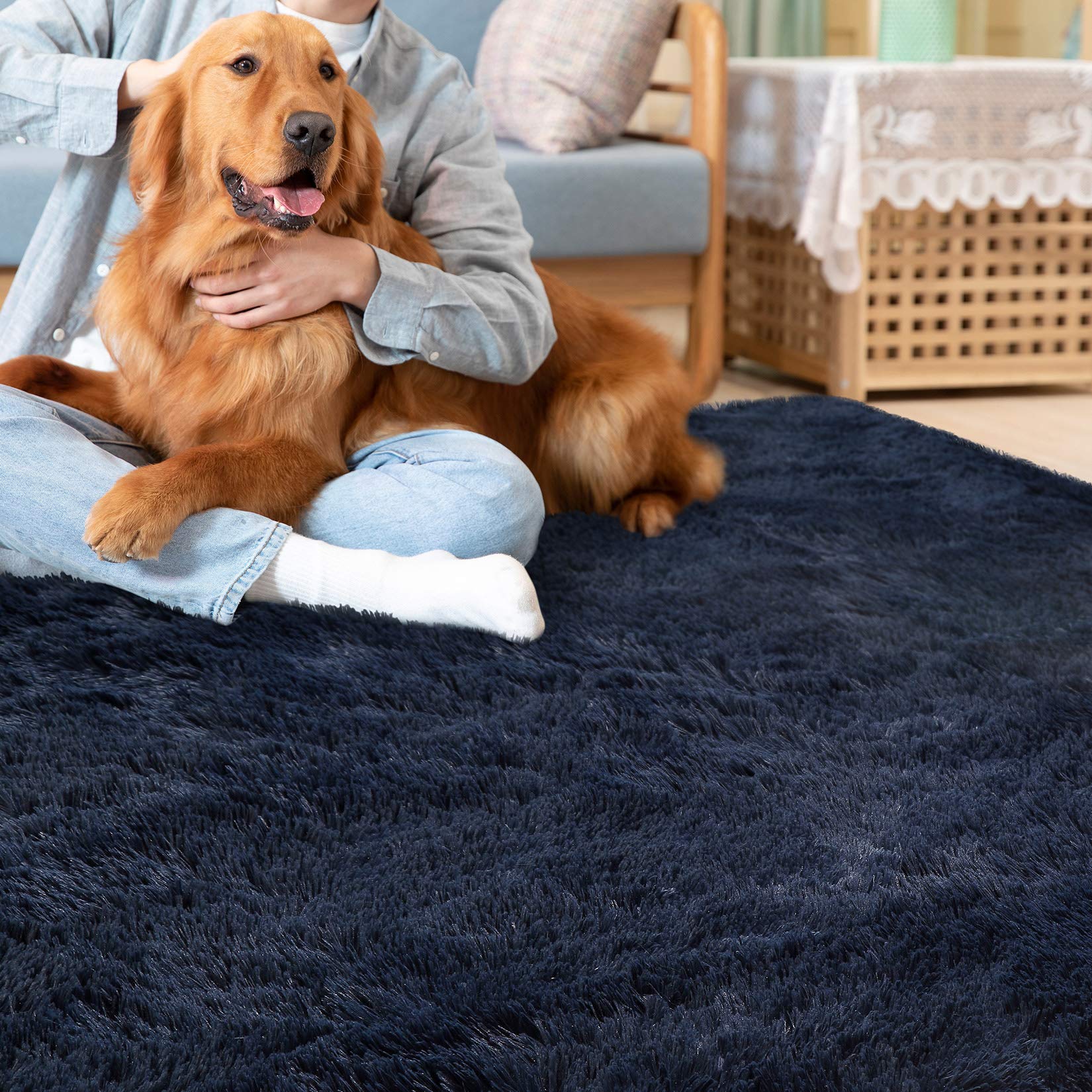 Tappeto Garvee Navy 8x10 piedi soffice velluto 4 cm pelo poliestere antiscivolo morbido per soggiorno e camera da letto