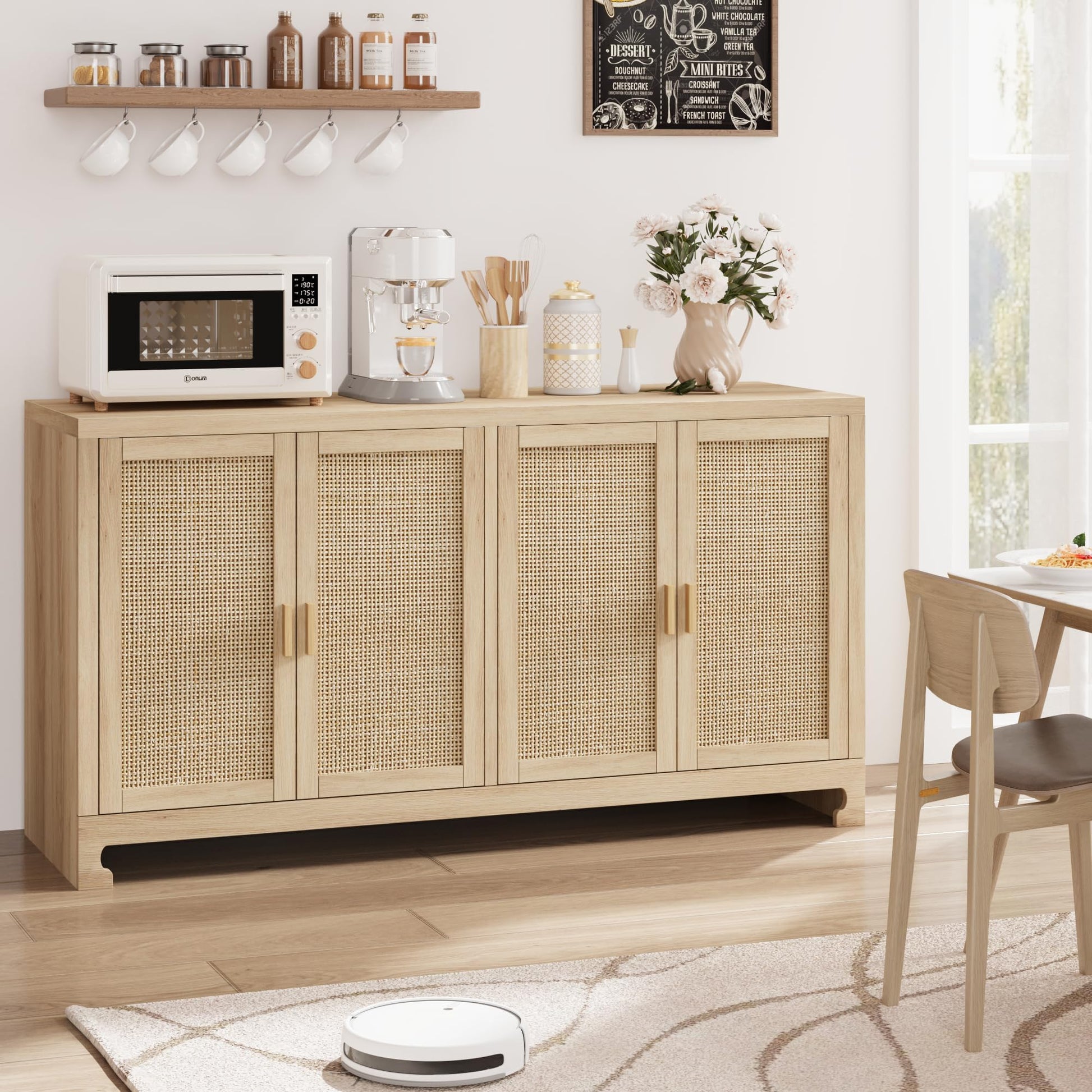 Mobiletto portaoggetti moderno in stile boho Garvee da 40 pollici con ante in rattan intrecciato, ripiano regolabile per soggiorno e cucina, bianco marrone, compatto