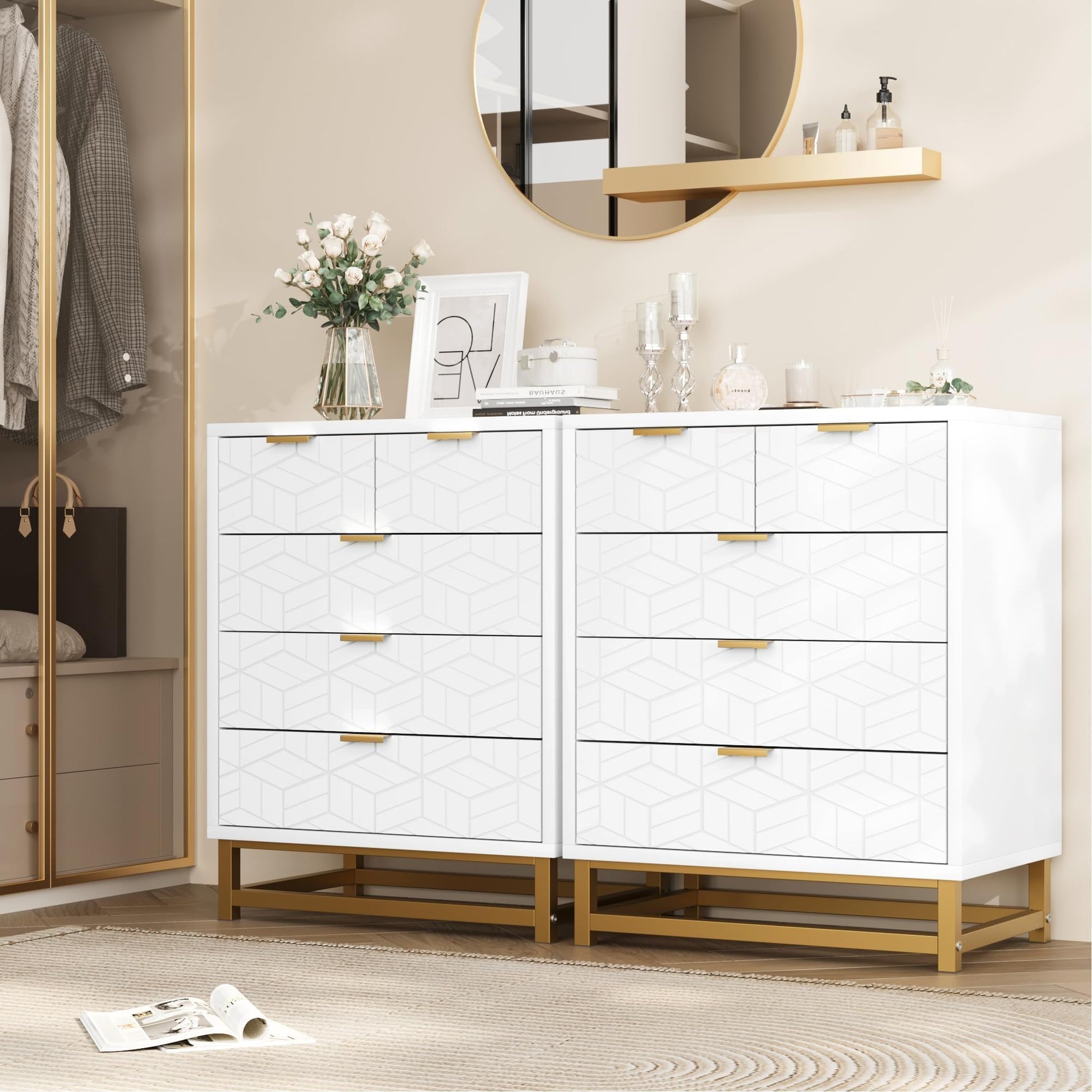 Garvee 5-Schubladen-Schrank MDF Bianco mit Goldfüßen für Wohnzimmer und Büro, 73x51,5x20,5 cm, Modernes Rhombus-Design