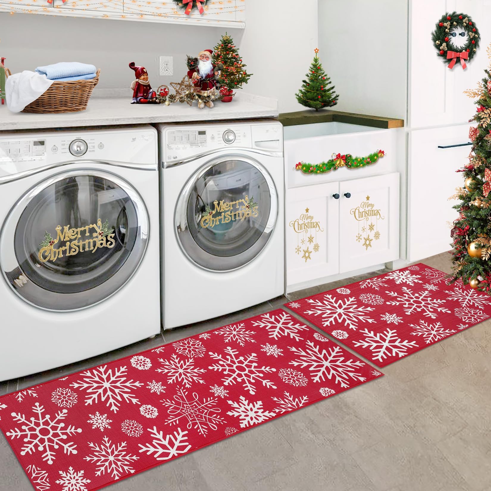Tappeti antiscivolo natalizi Garvee per cucina, set da 2, in poliestere, antiscivolo, per cucina e corridoio, 40x60+40x120 cm