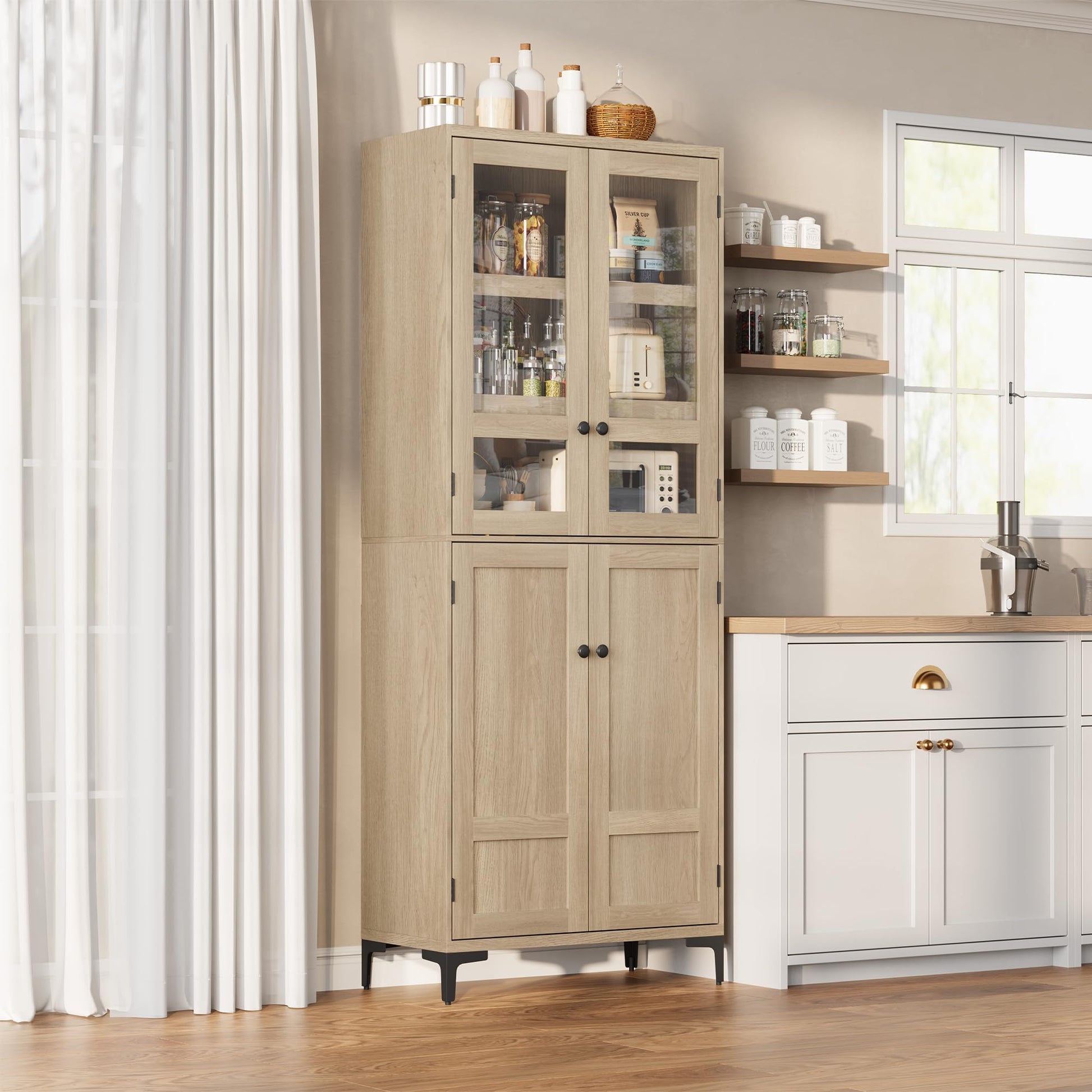 Mobile dispensa da cucina Garvee alto 71" con ante in vetro, 4 ante, 5 ripiani regolabili, legno di betulla, resistente, versatile, indipendente per cucina e bagno