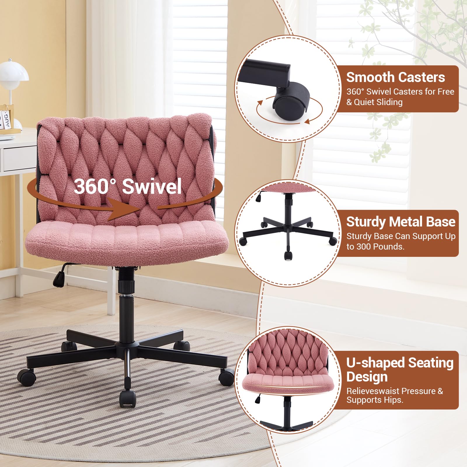 Sedia da ufficio Garvee Criss Cross con rotelle, seduta ampia, senza braccioli, girevole, struttura in metallo, rosa per ufficio domestico e toeletta, 26 pollici, comoda