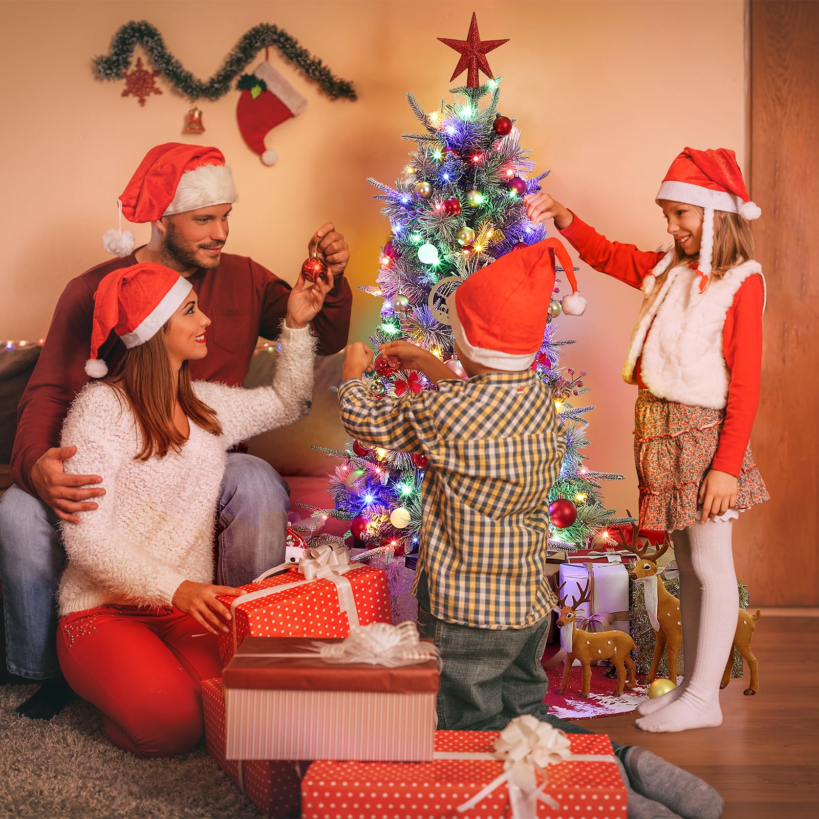 Albero di Natale Garvee 125cm con luci e decorazioni - base a fiocco di neve per una magica atmosfera invernale