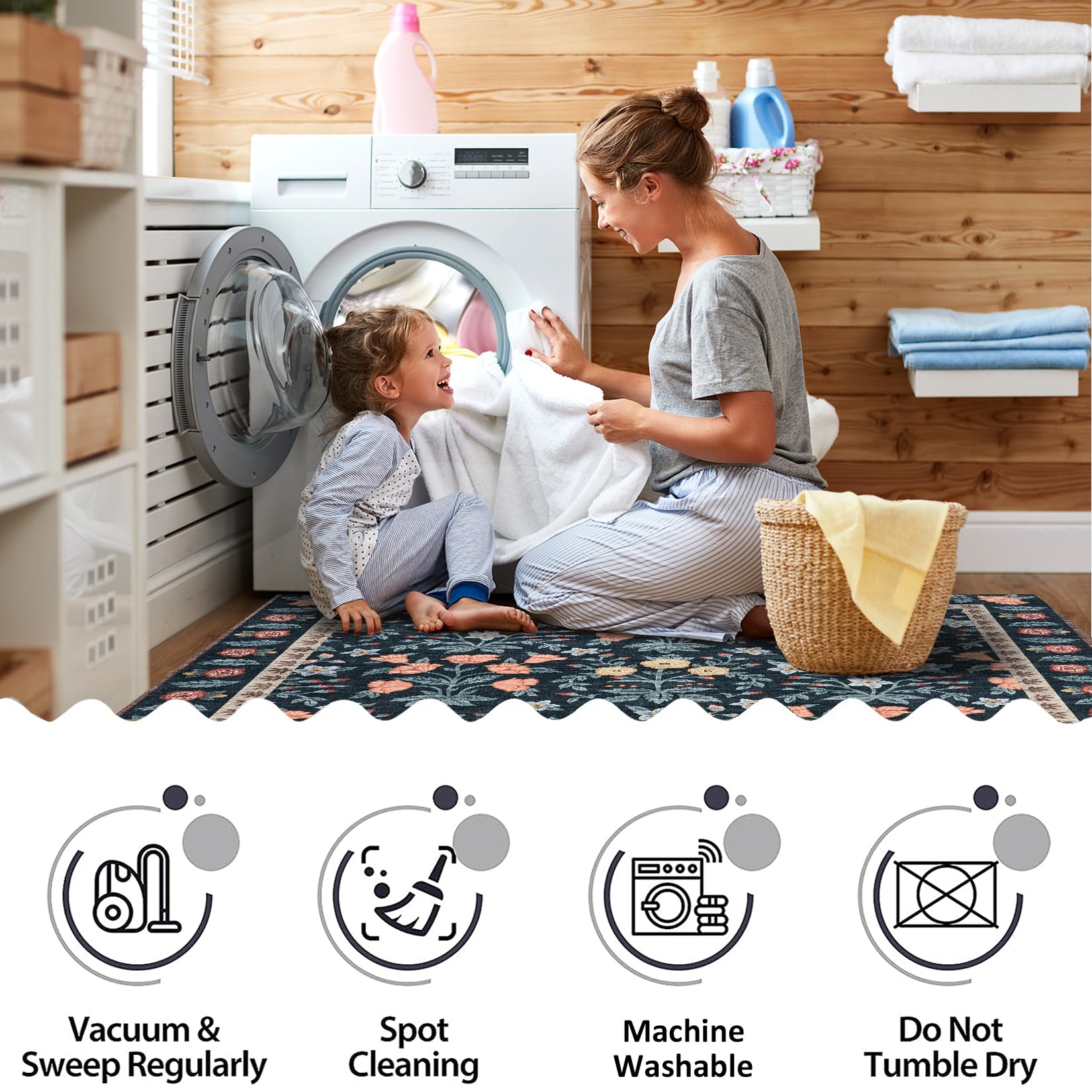 Tappeto decorativo Garvee per interni Boho 160x230cm, tappeto antiscivolo a pelo corto con motivo floreale nero per soggiorno, cameretta dei bambini, sala giochi