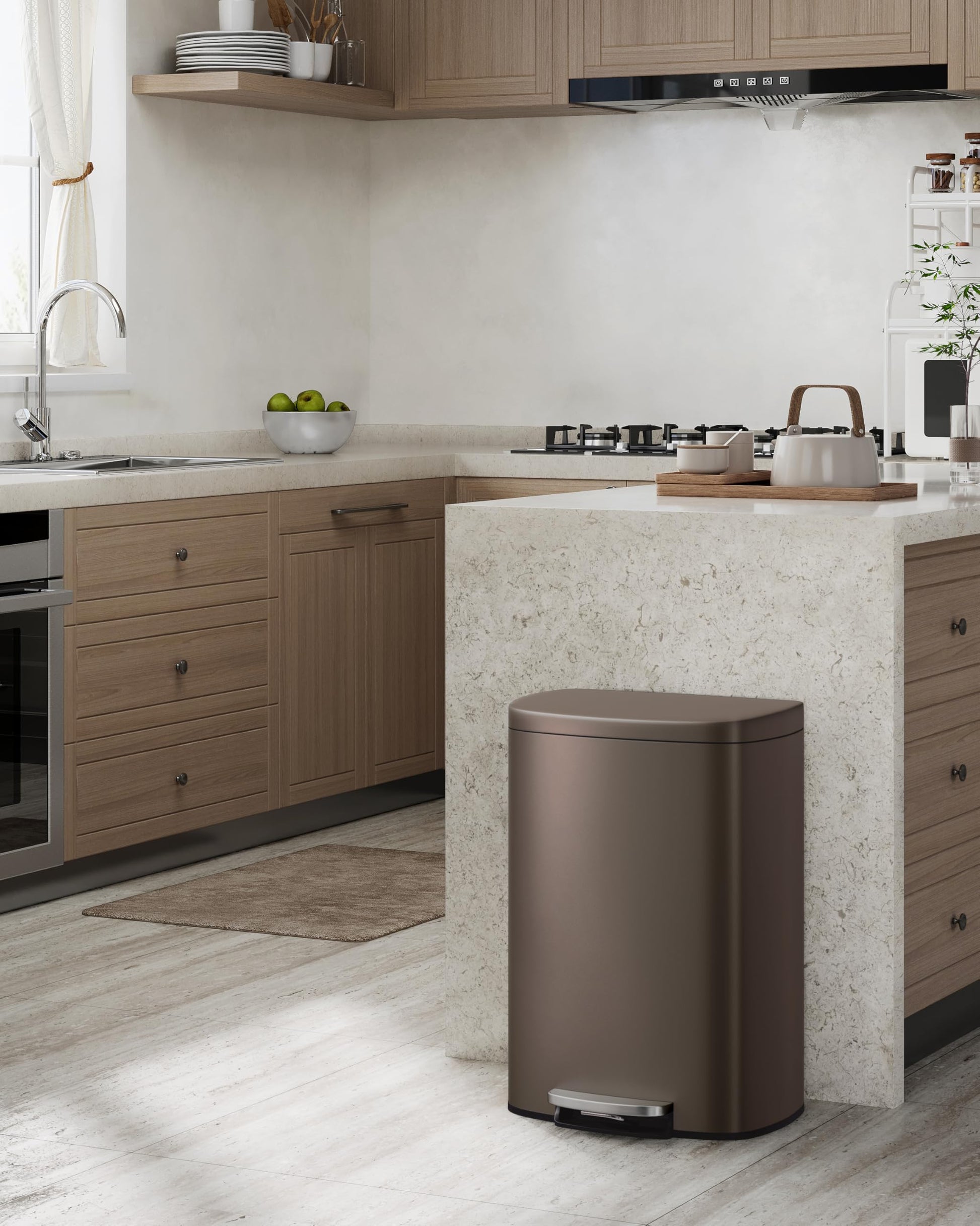 Garvee 13,2+2,6 Gal Set di bidoni in metallo antiruggine con coperchio, meccanismo a pedale, per cucina e bagno, marrone, compatto, ergonomico