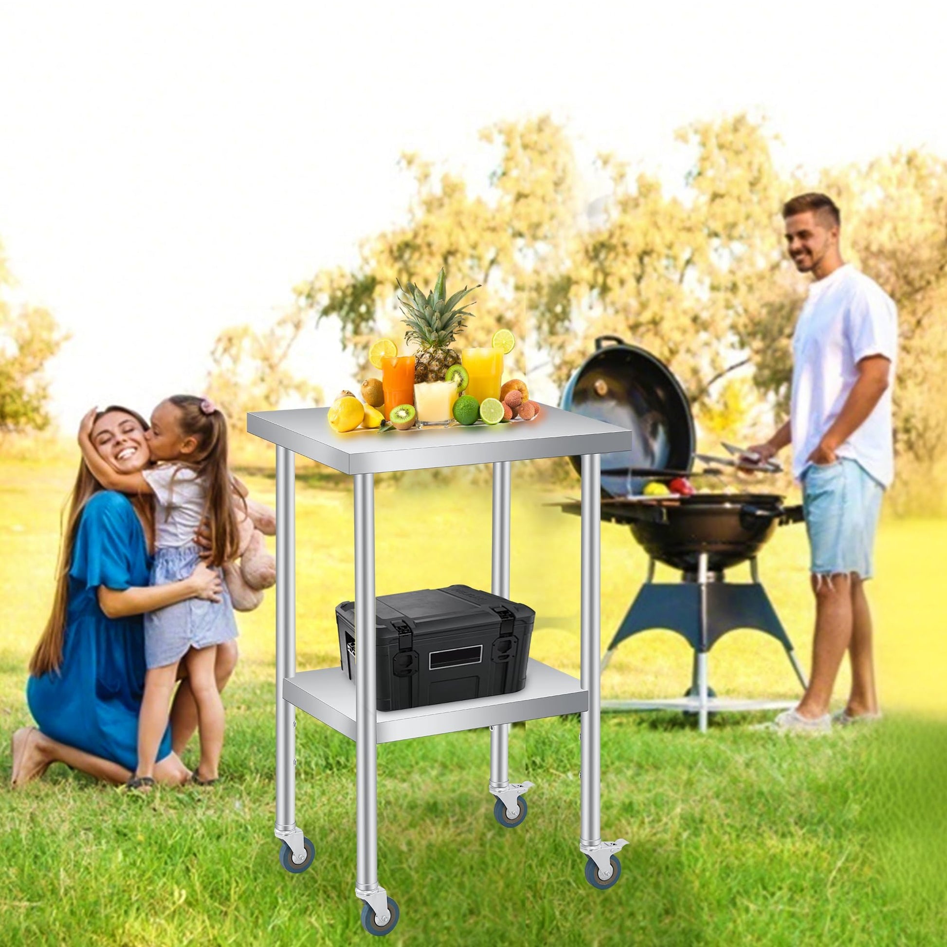 Tavolo da lavoro in acciaio inox Garvee 24x18 pollici con ripiano inferiore regolabile e 4 ruote per catering e uso esterno, robusto, antiruggine