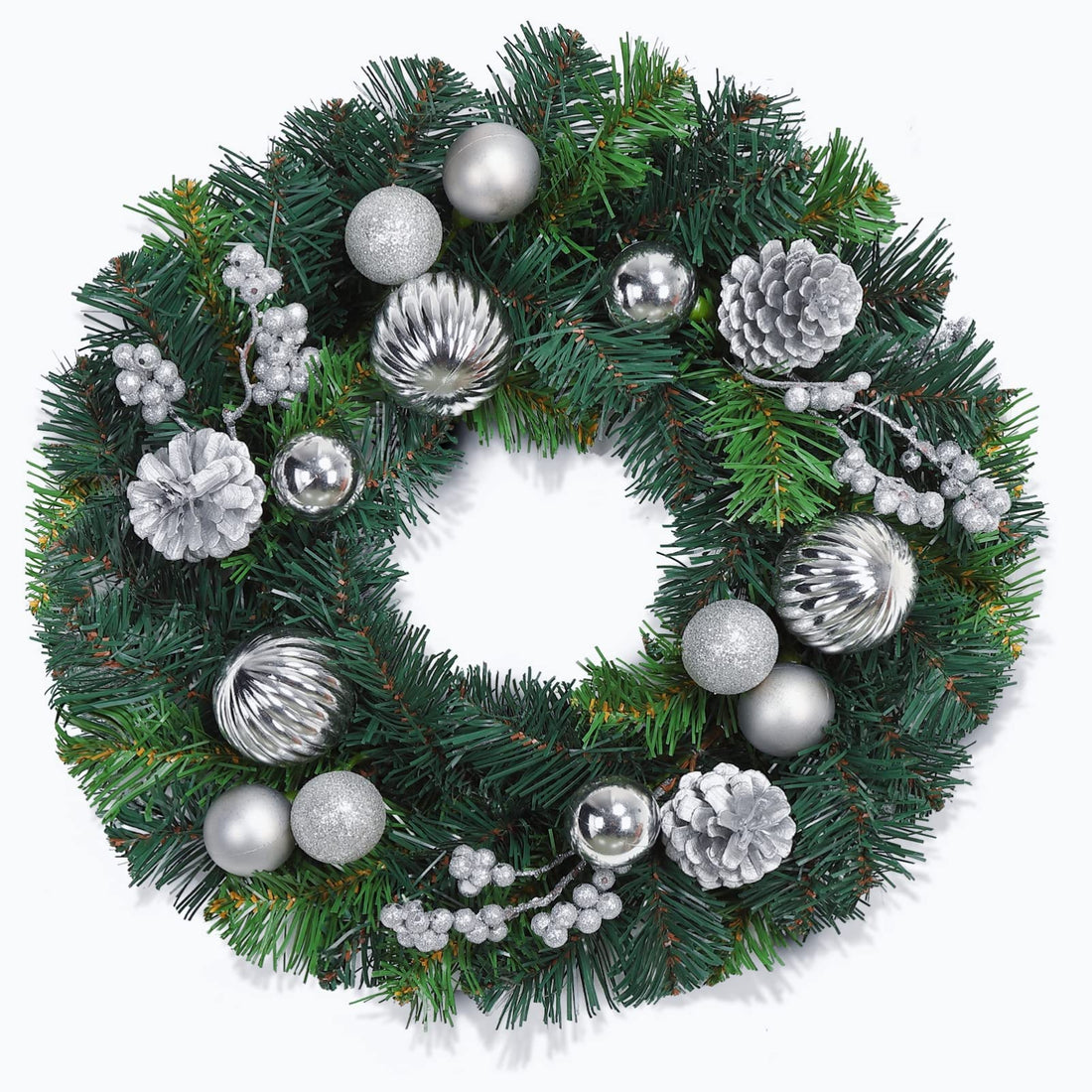 GARVEE Ghirlanda di Natale 40 cm Ghirlanda artificiale per porta Argentata con palline di Natale Pigne Bacche per porta d'ingresso Camino Decorazione da parete Verde