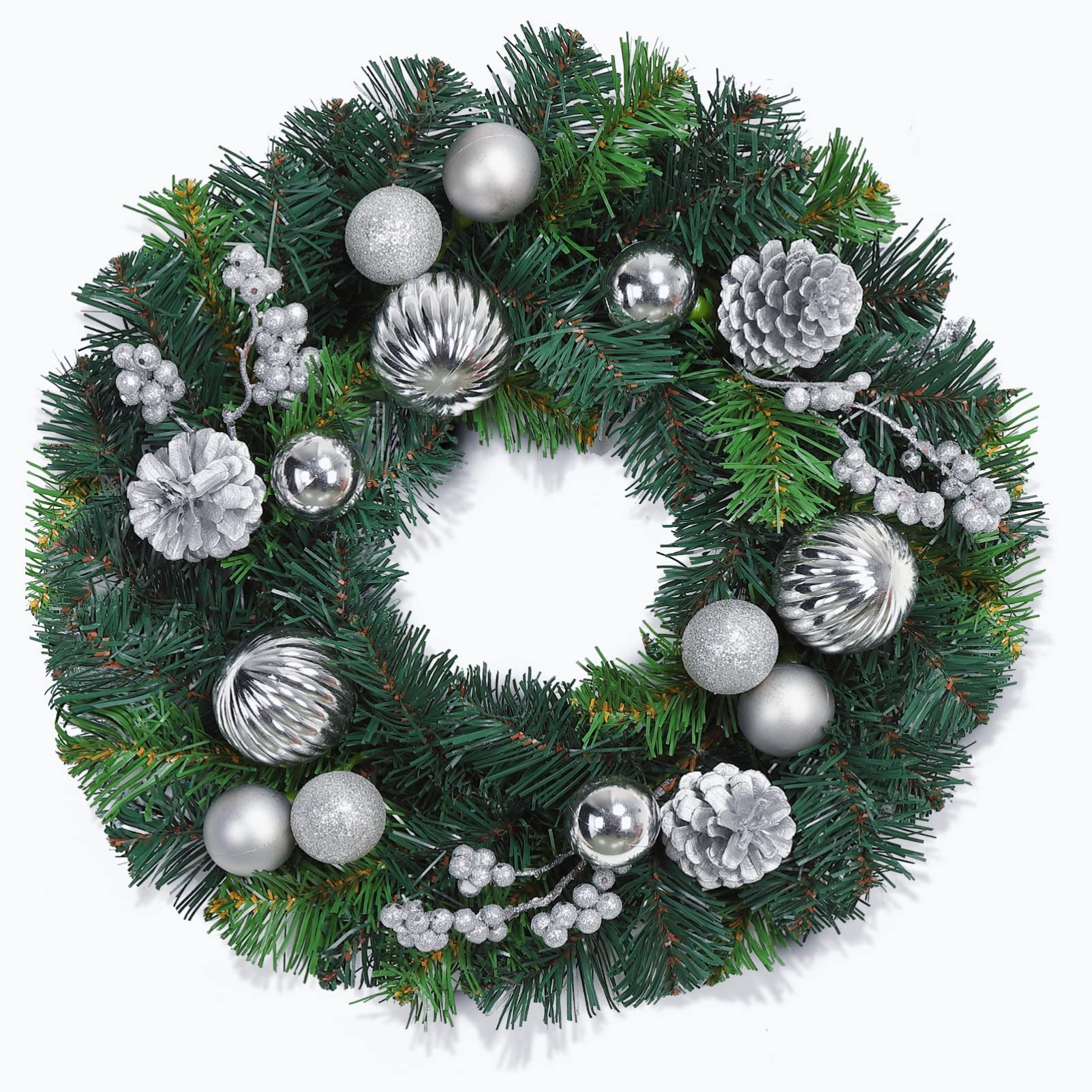 GARVEE Ghirlanda di Natale 40 cm Ghirlanda artificiale per porta Argentata con palline di Natale Pigne Bacche per porta d'ingresso Camino Decorazione da parete Verde